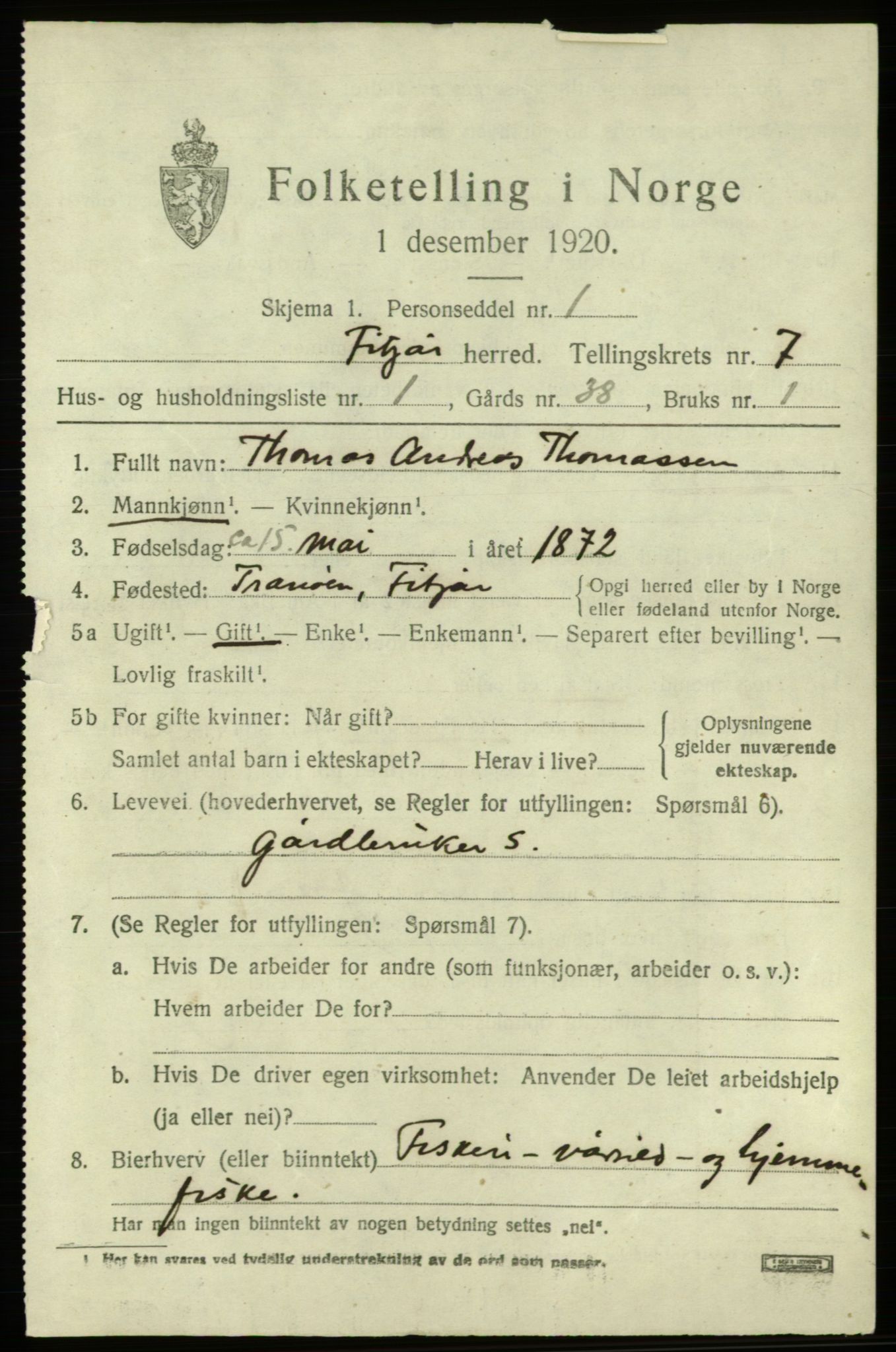 SAB, 1920 census for Fitjar, 1920, p. 3134