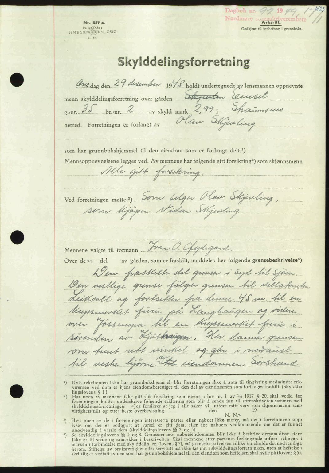 Nordmøre sorenskriveri, AV/SAT-A-4132/1/2/2Ca: Mortgage book no. A110, 1948-1949, Diary no: : 92/1949