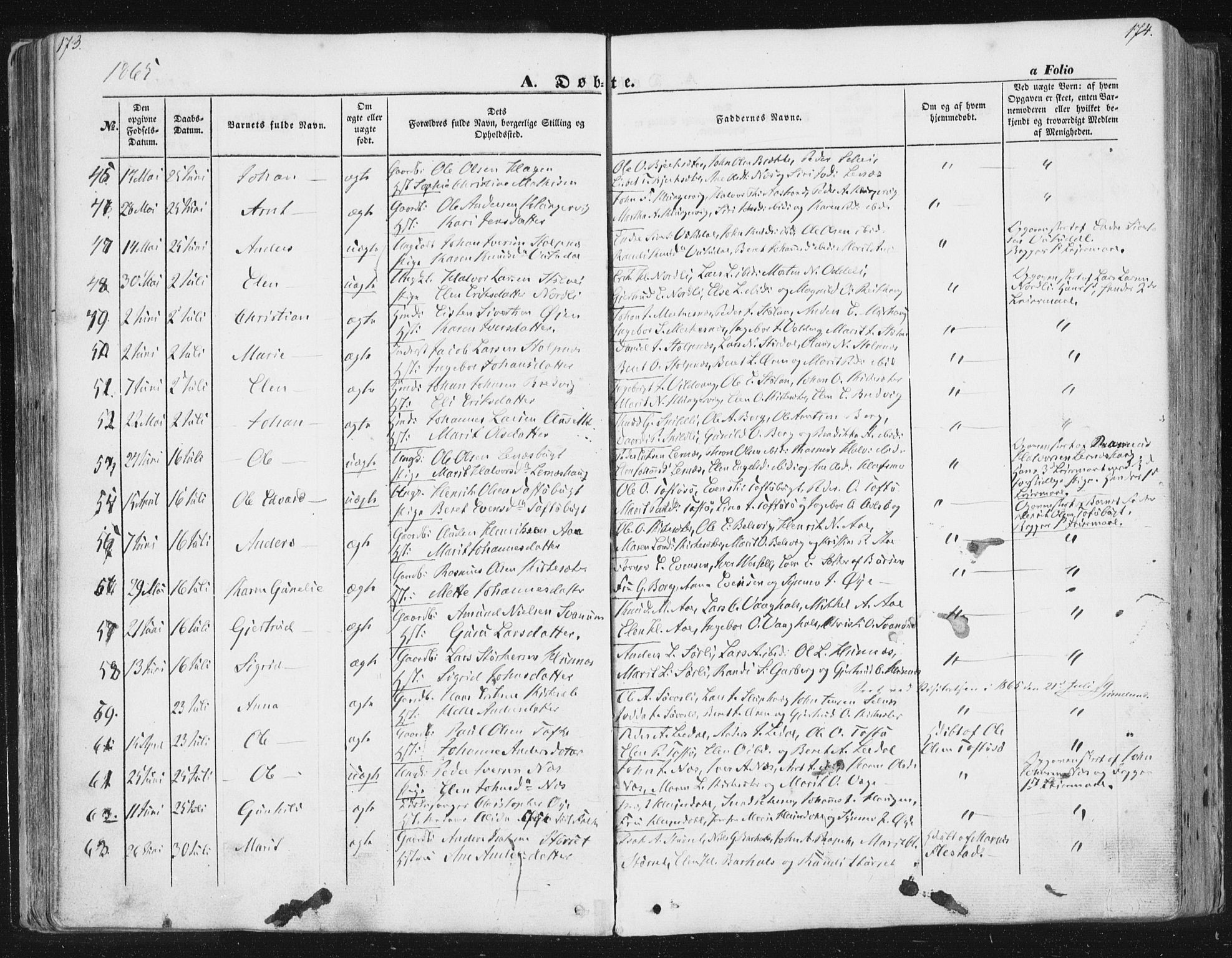 Ministerialprotokoller, klokkerbøker og fødselsregistre - Sør-Trøndelag, AV/SAT-A-1456/630/L0494: Parish register (official) no. 630A07, 1852-1868, p. 173-174