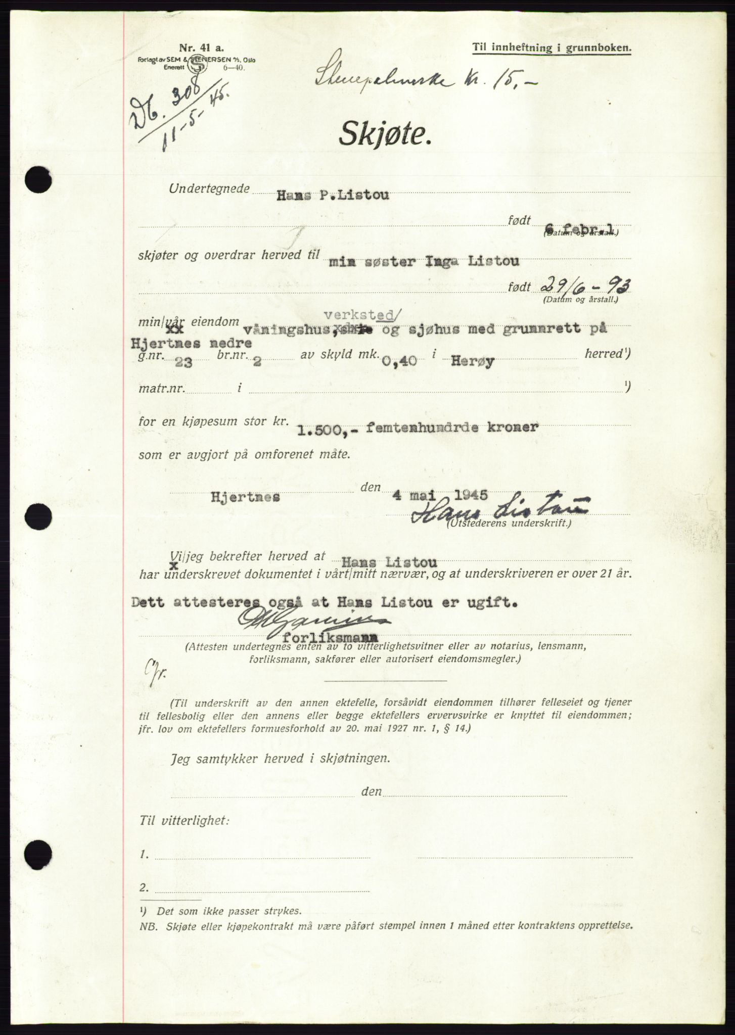 Søre Sunnmøre sorenskriveri, AV/SAT-A-4122/1/2/2C/L0077: Mortgage book no. 3A, 1945-1946, Diary no: : 308/1945