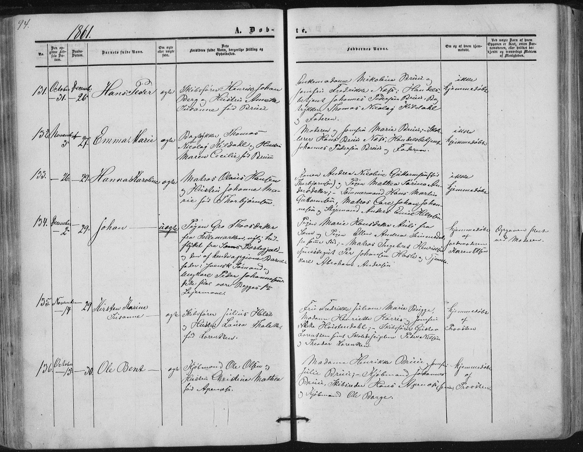 Tønsberg kirkebøker, AV/SAKO-A-330/F/Fa/L0008: Parish register (official) no. I 8, 1855-1864, p. 94