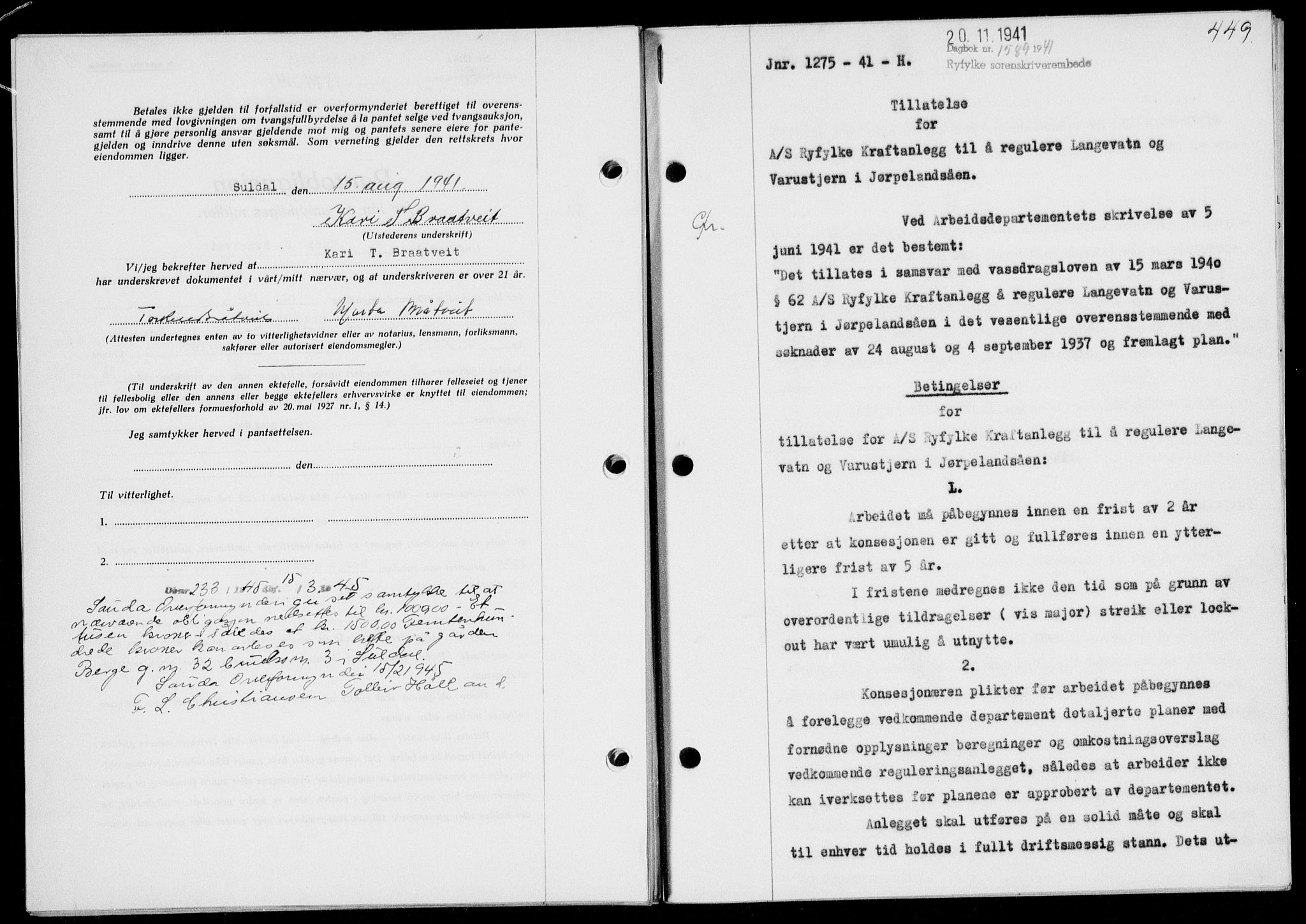 Ryfylke tingrett, SAST/A-100055/001/II/IIB/L0083: Mortgage book no. 62, 1941-1941, Diary no: : 1589/1941