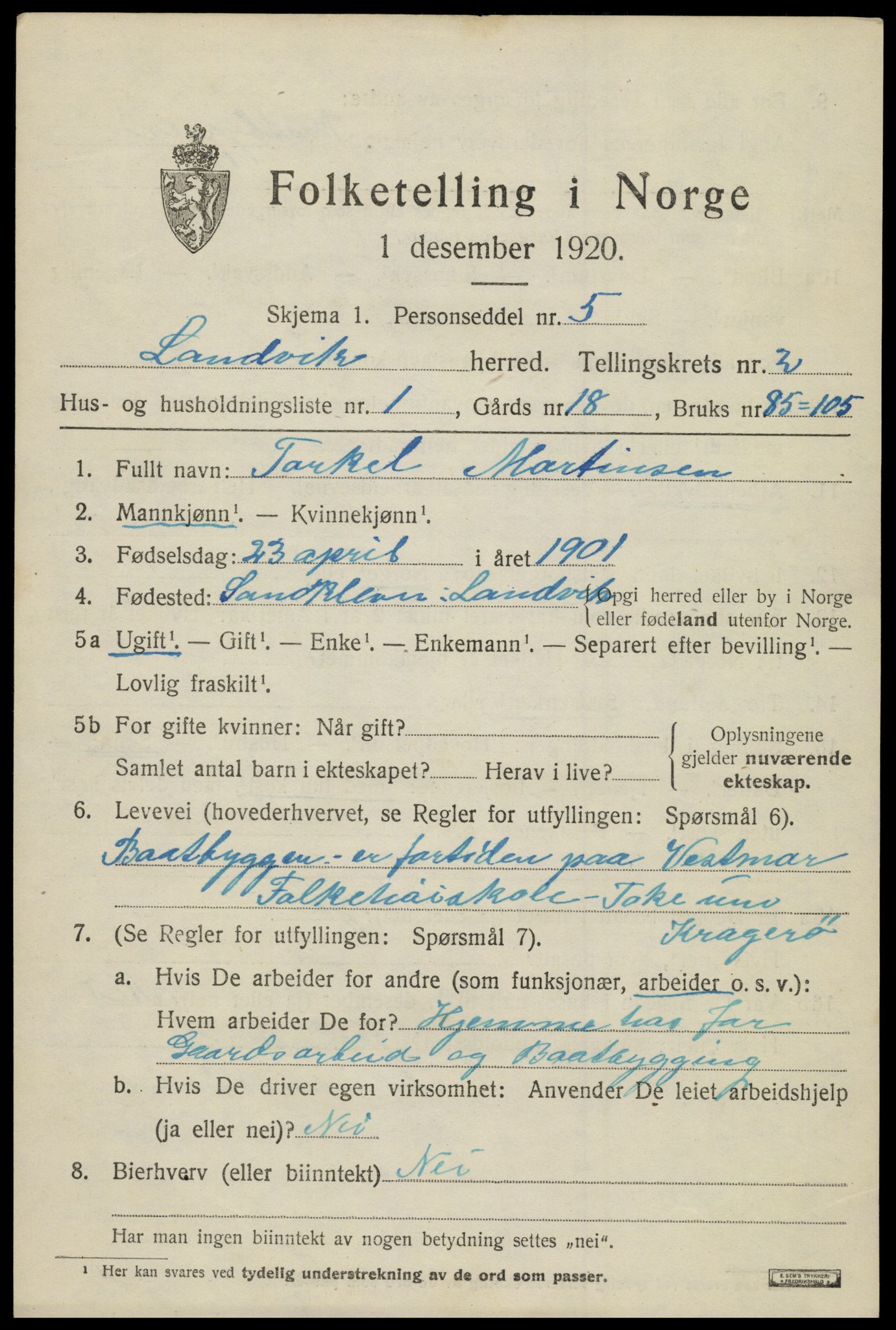 SAK, 1920 census for Landvik, 1920, p. 1780