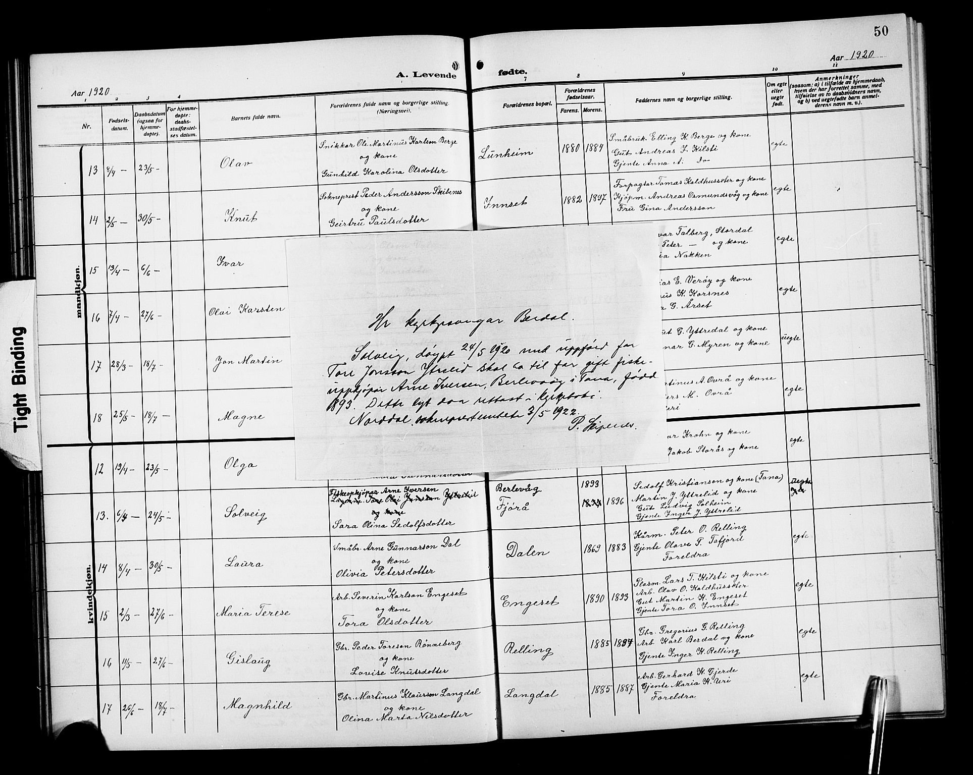 Ministerialprotokoller, klokkerbøker og fødselsregistre - Møre og Romsdal, SAT/A-1454/519/L0265: Parish register (copy) no. 519C06, 1911-1921, p. 50
