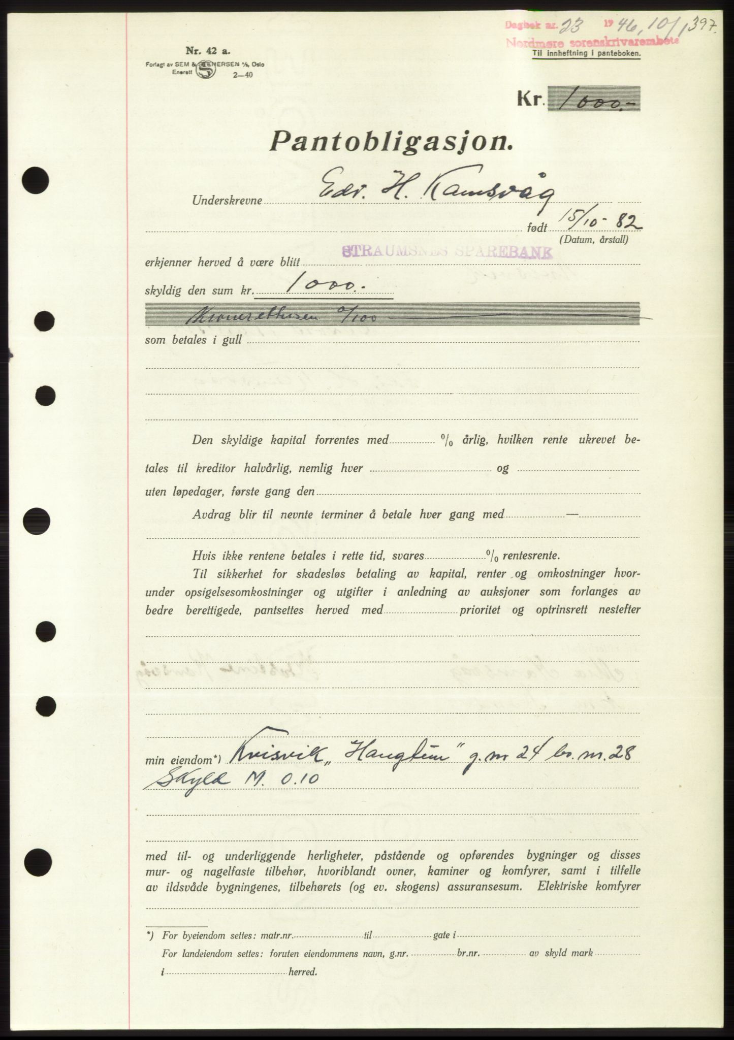 Nordmøre sorenskriveri, AV/SAT-A-4132/1/2/2Ca: Mortgage book no. B93b, 1946-1946, Diary no: : 23/1946