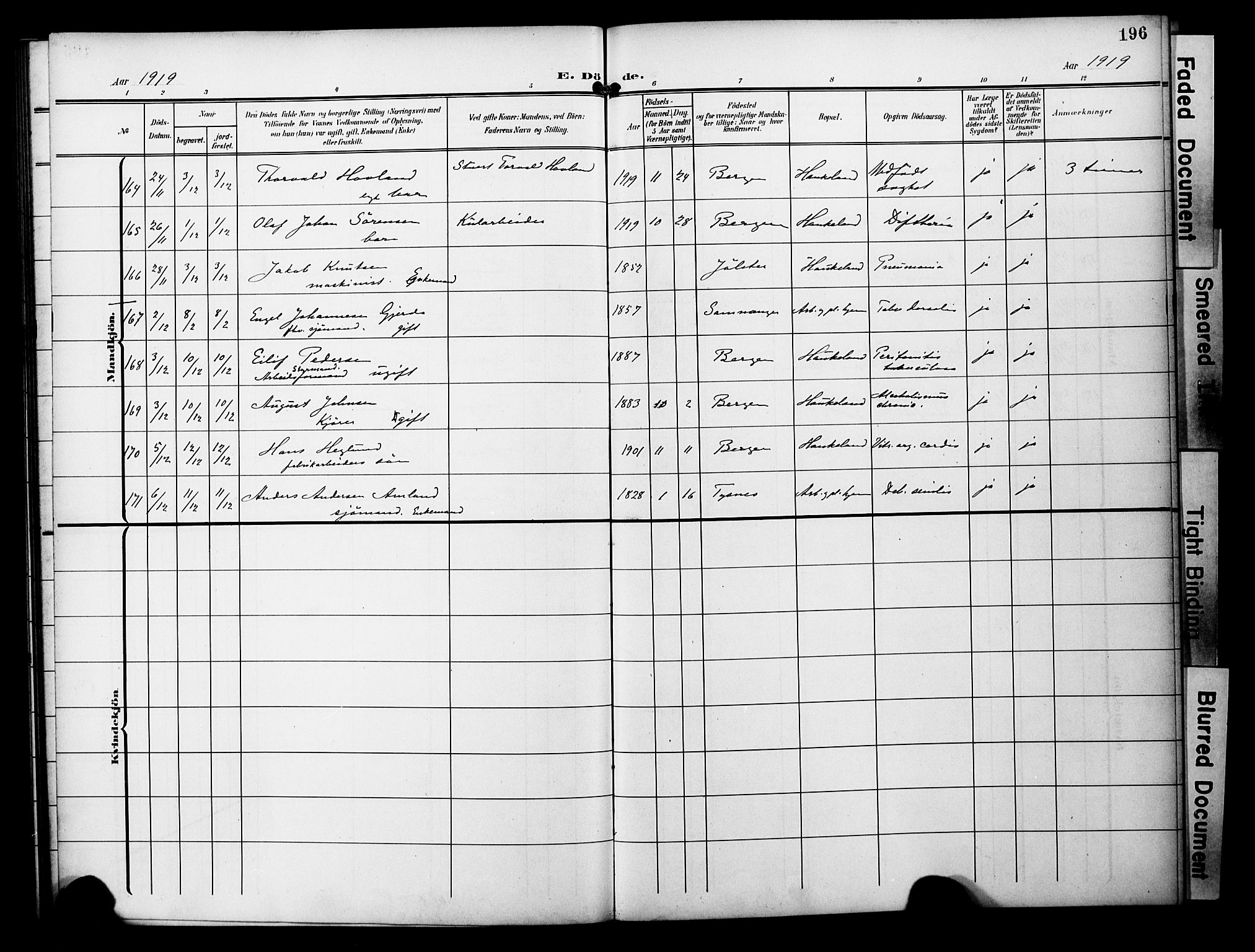 Bergen kommunale pleiehjem - stiftelsespresten, AV/SAB-A-100281: Parish register (official) no. A 6, 1908-1920, p. 196