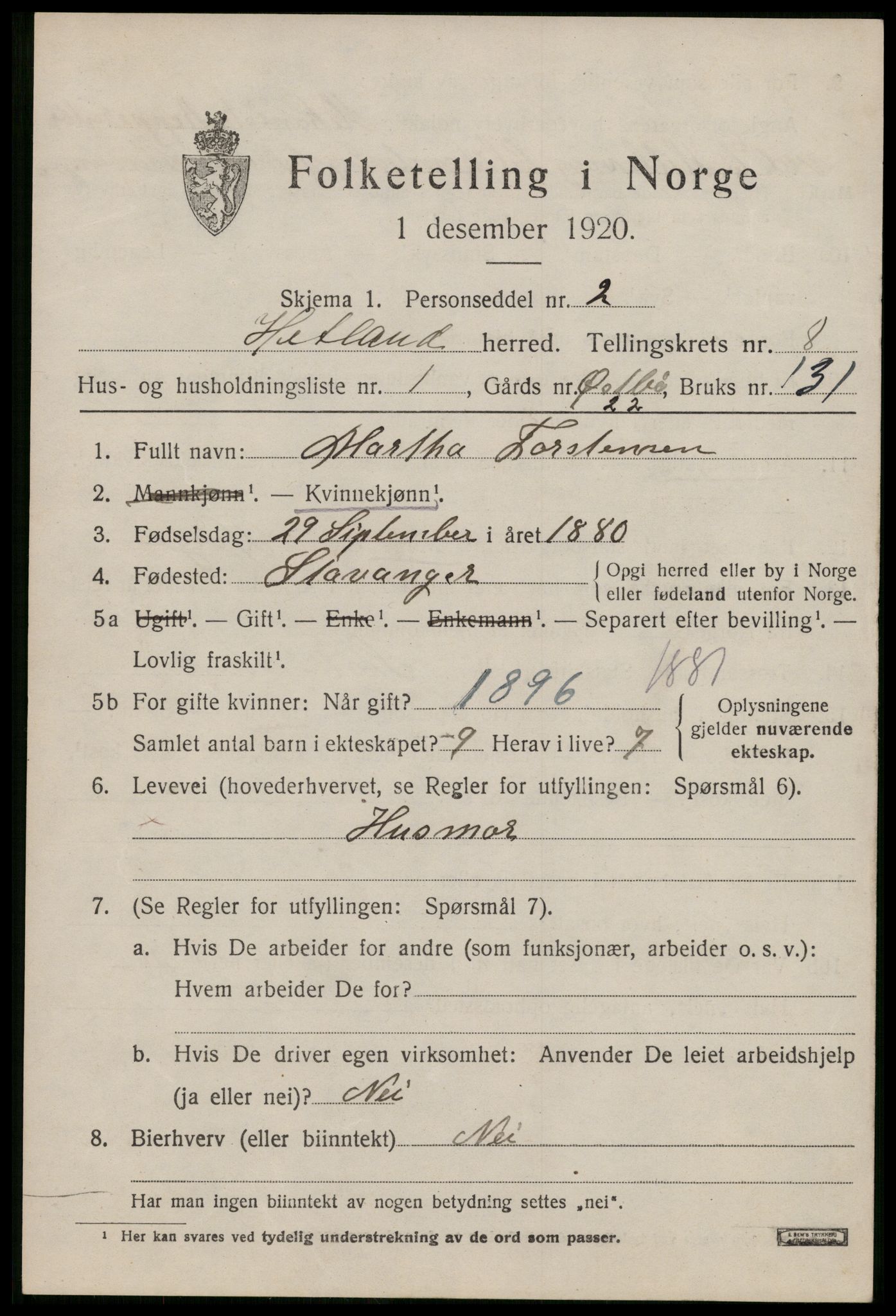 SAST, 1920 census for Hetland, 1920, p. 15445