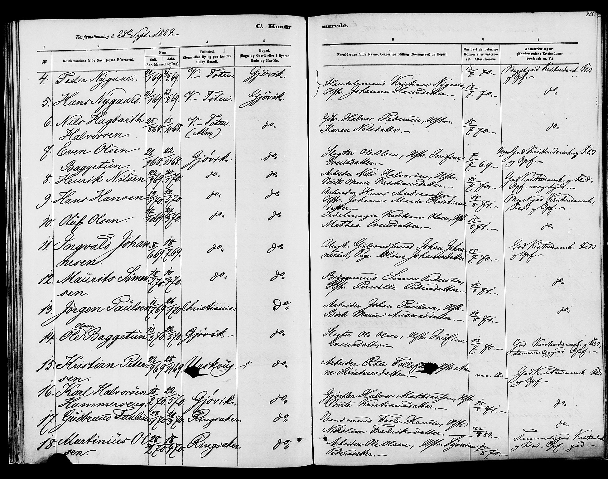 Vardal prestekontor, SAH/PREST-100/H/Ha/Haa/L0008: Parish register (official) no. 8, 1878-1890, p. 268