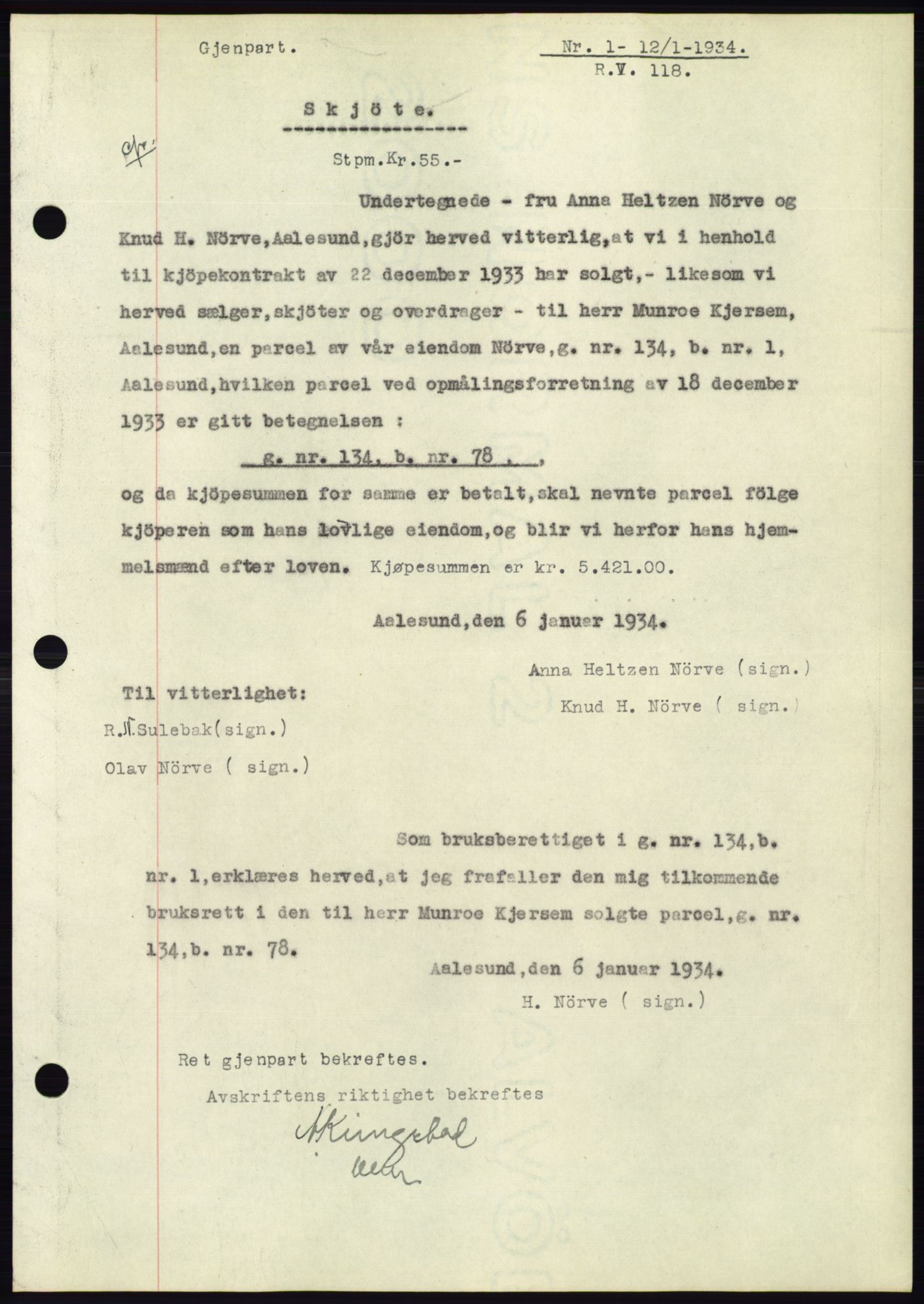 Ålesund byfogd, AV/SAT-A-4384: Mortgage book no. 31, 1933-1934, Deed date: 12.01.1934