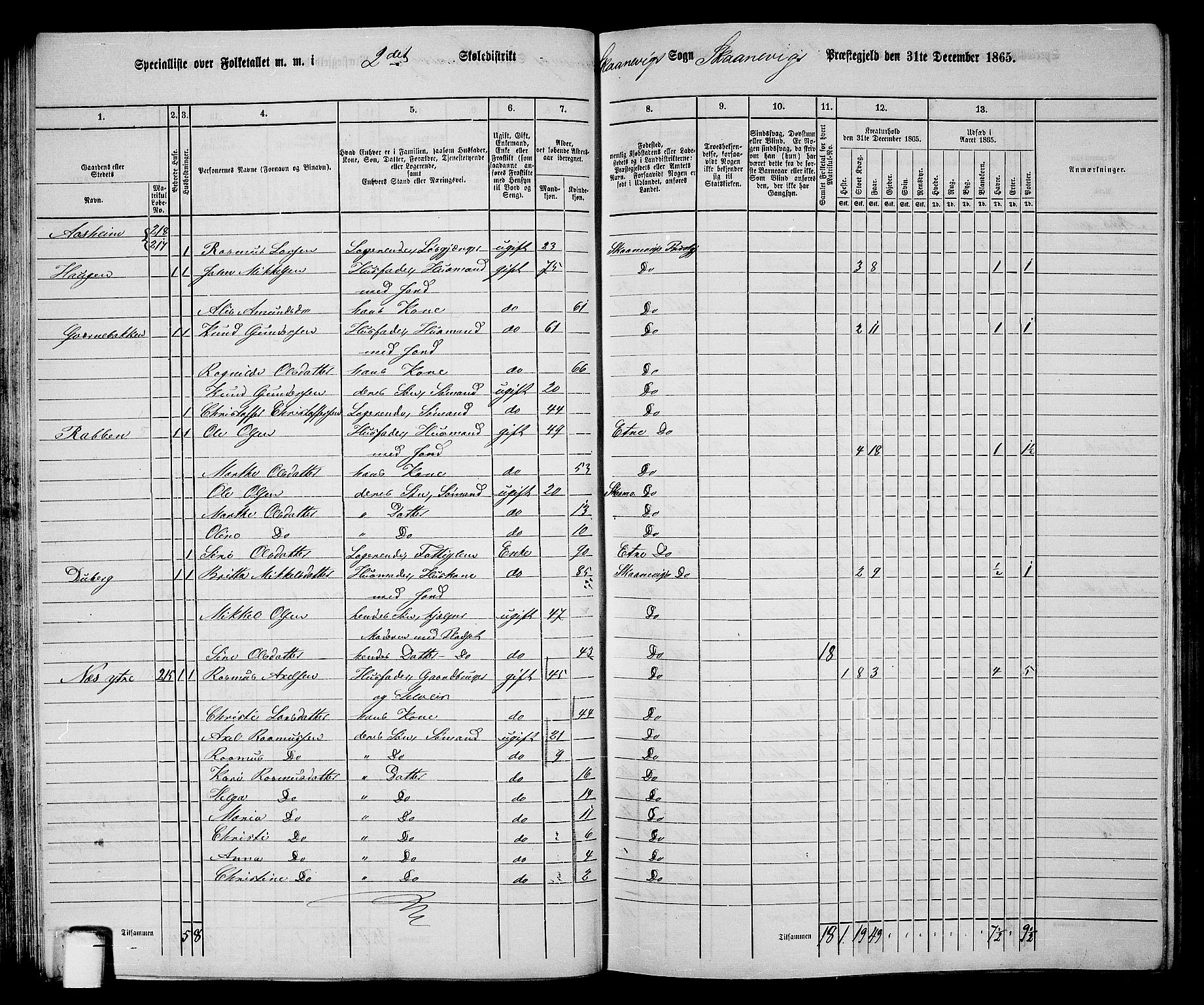 RA, 1865 census for Skånevik, 1865, p. 45