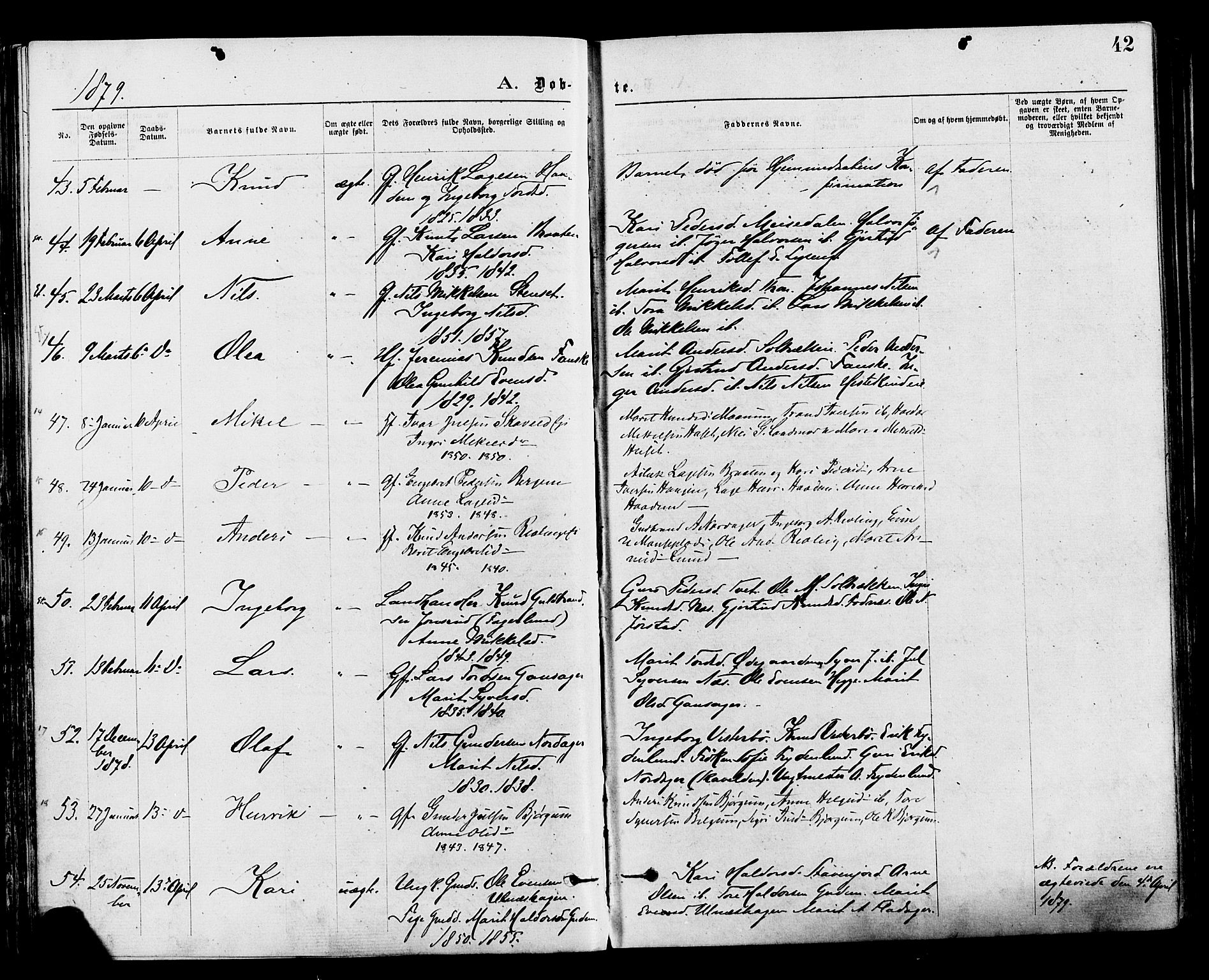 Nord-Aurdal prestekontor, SAH/PREST-132/H/Ha/Haa/L0009: Parish register (official) no. 9, 1876-1882, p. 42