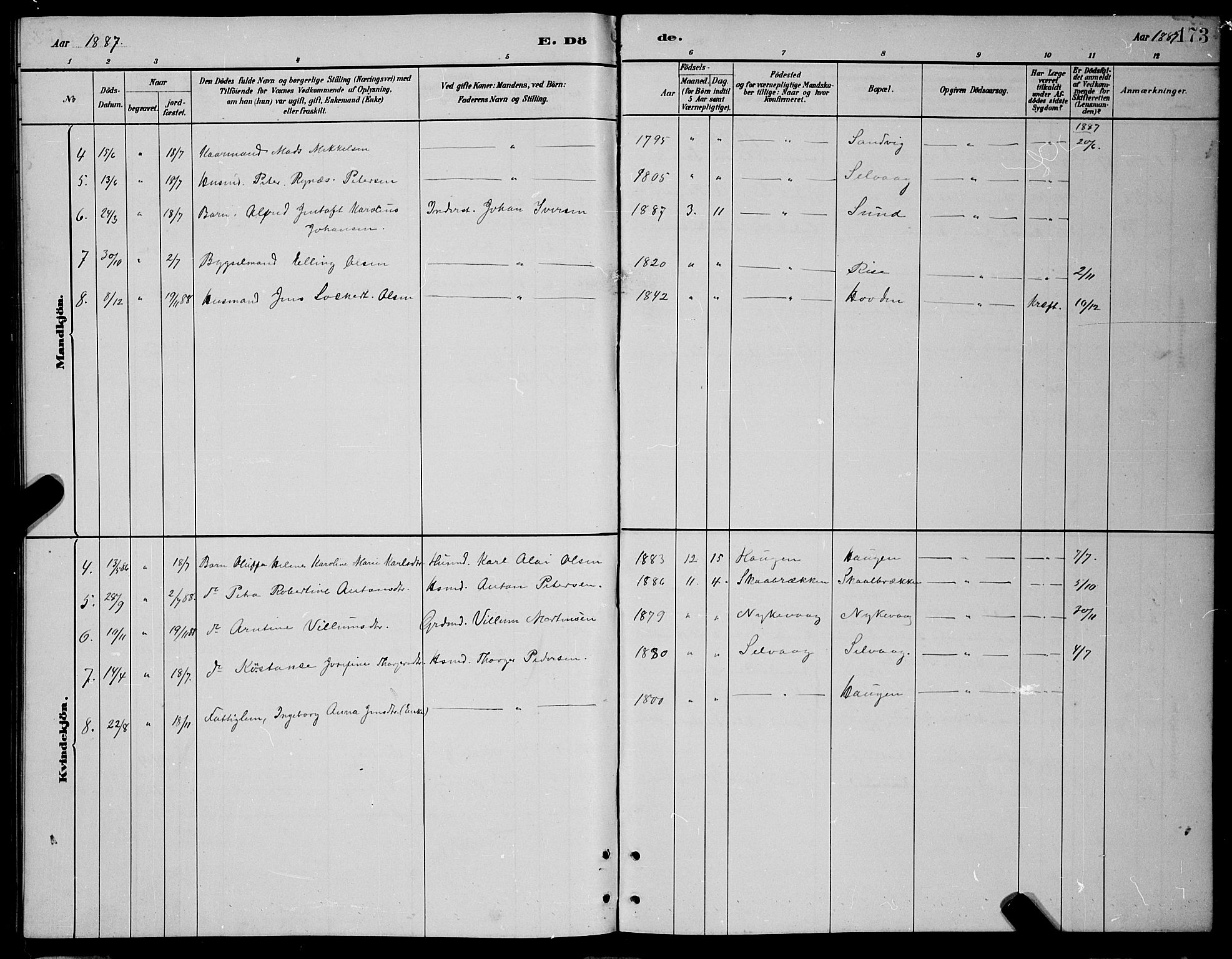 Ministerialprotokoller, klokkerbøker og fødselsregistre - Nordland, AV/SAT-A-1459/892/L1325: Parish register (copy) no. 892C02, 1878-1896, p. 173