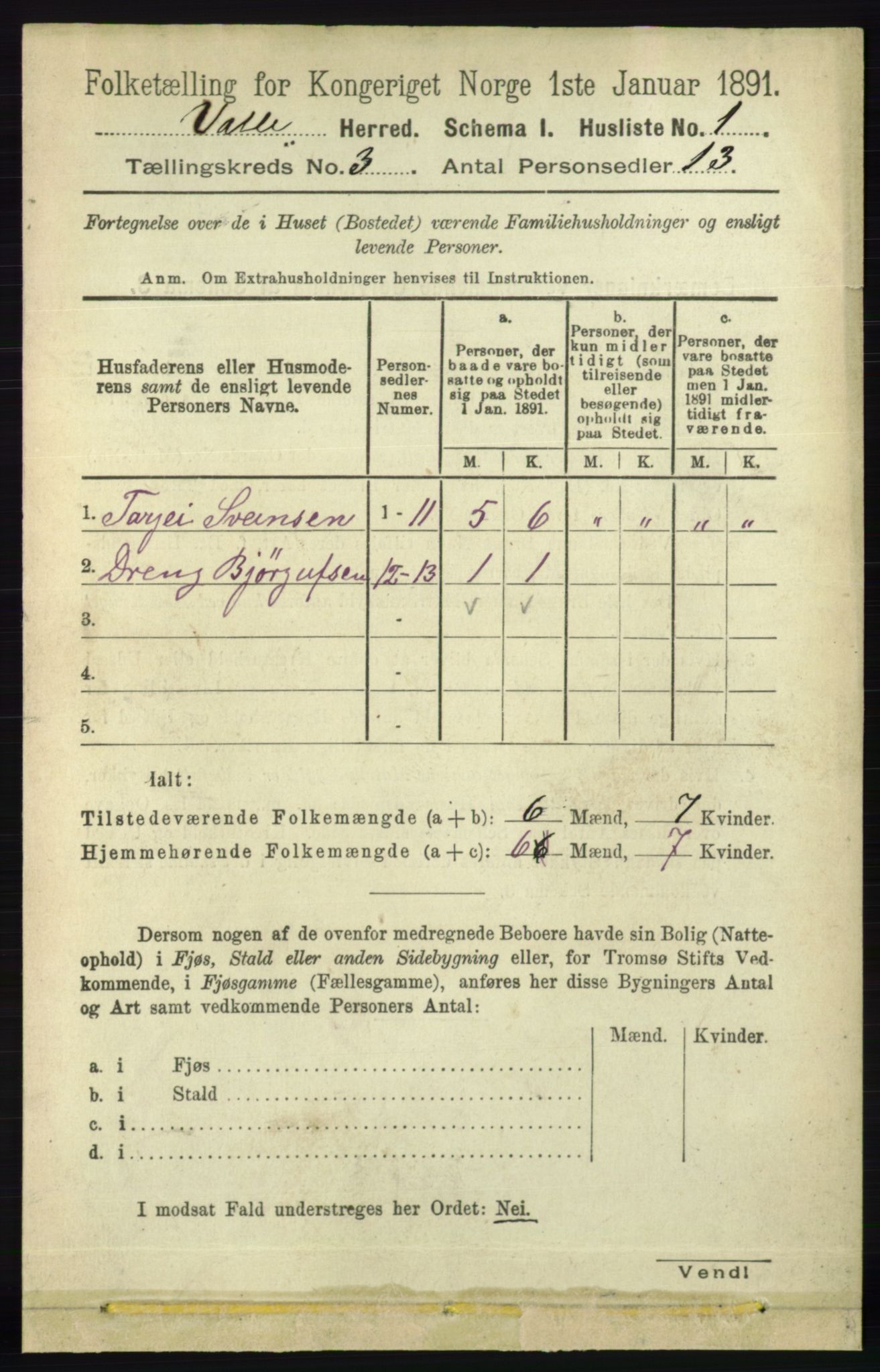 RA, 1891 census for 0940 Valle, 1891, p. 630