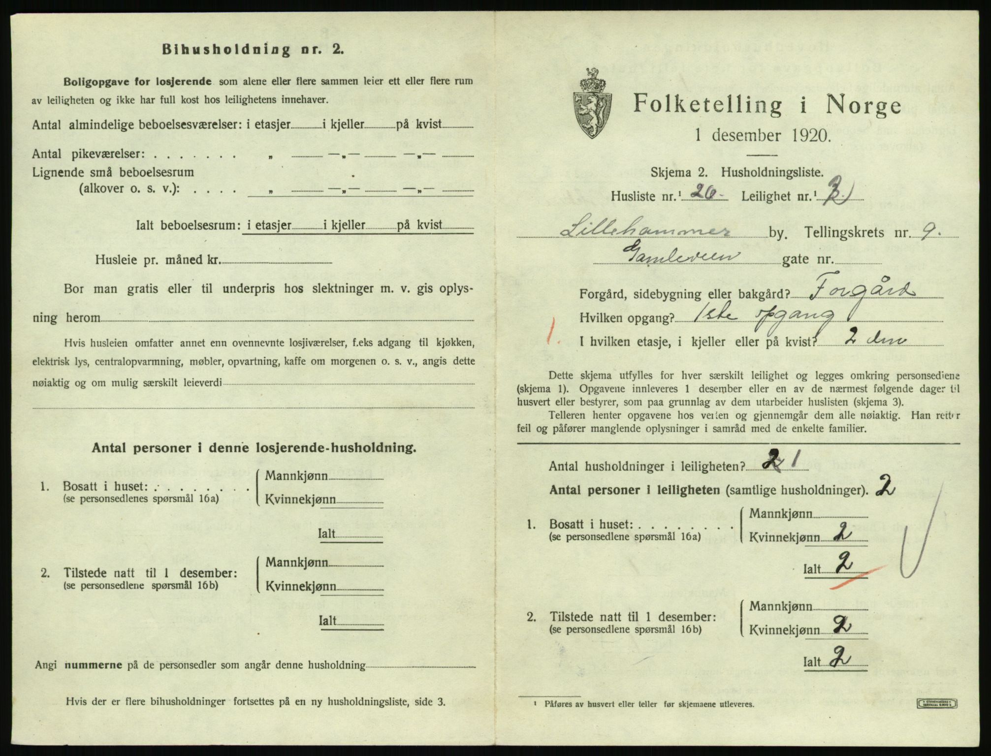 SAH, 1920 census for Lillehammer, 1920, p. 3124