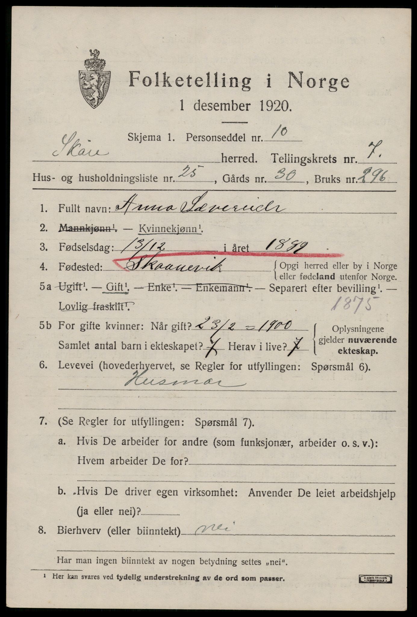 SAST, 1920 census for Skåre, 1920, p. 5290