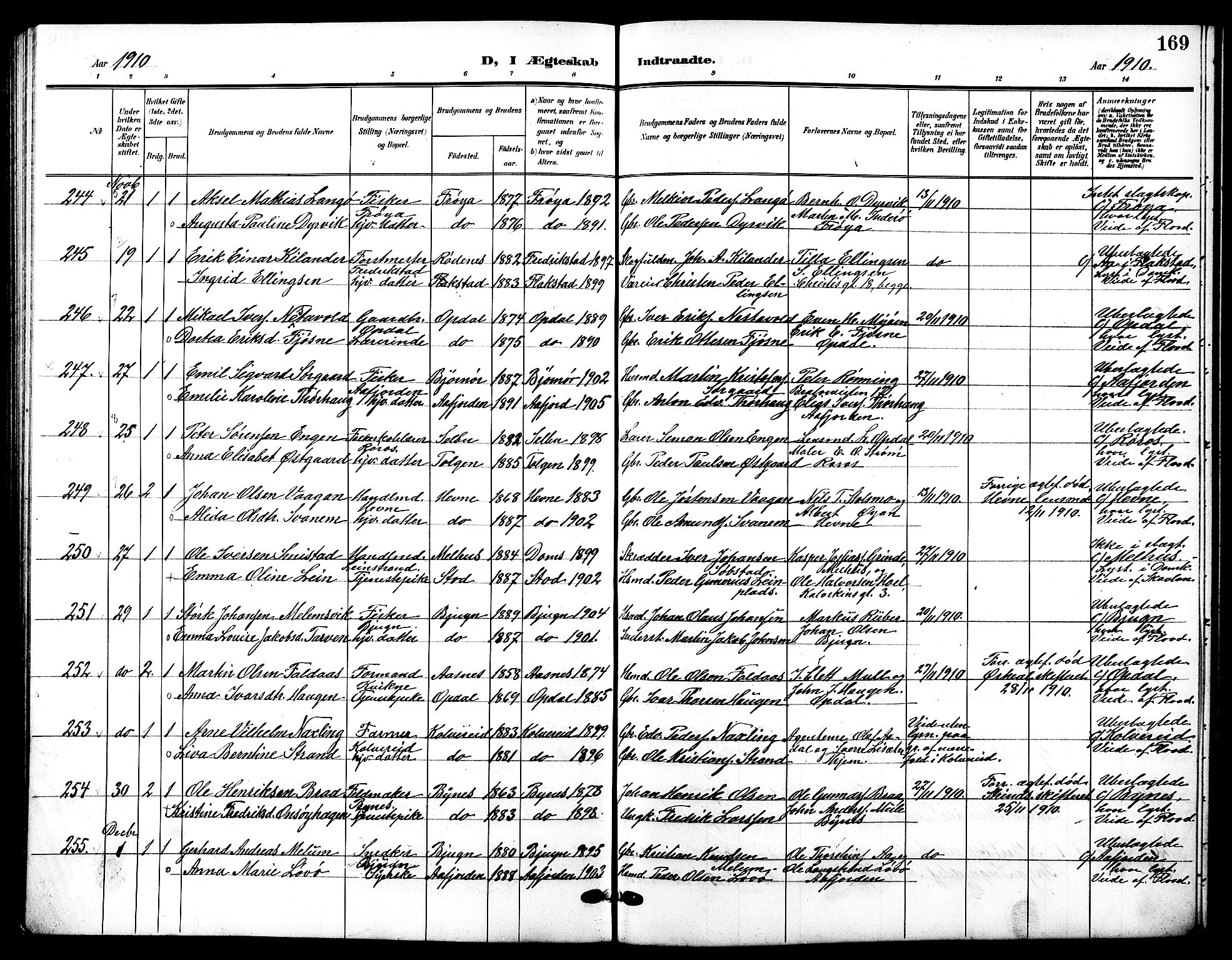 Ministerialprotokoller, klokkerbøker og fødselsregistre - Sør-Trøndelag, SAT/A-1456/601/L0095: Parish register (copy) no. 601C13, 1902-1911, p. 169