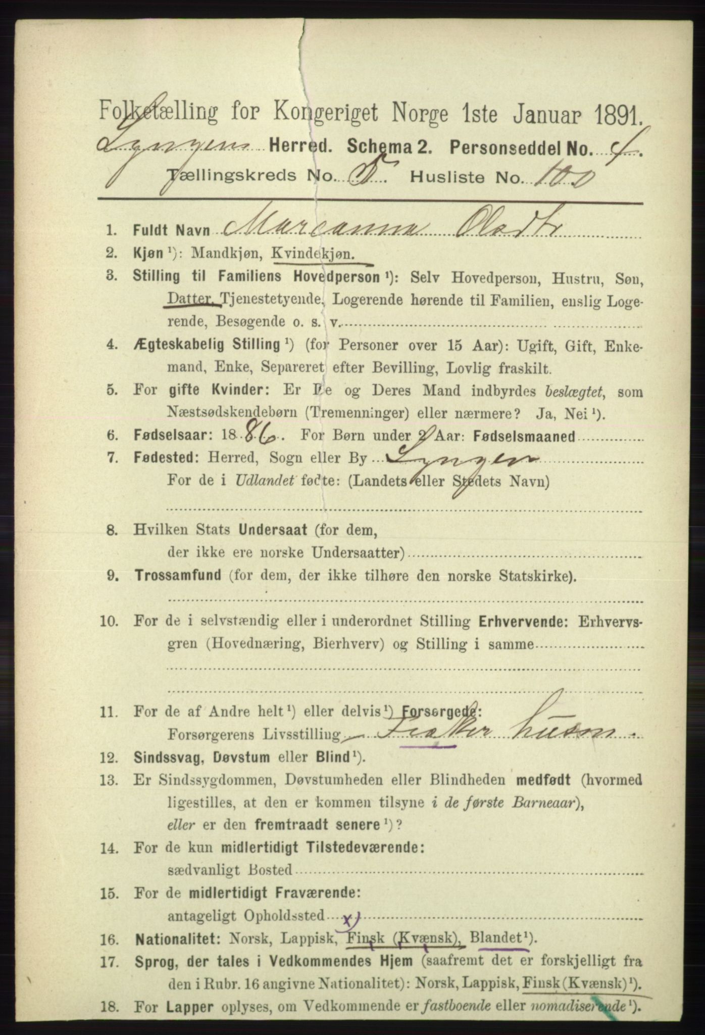 RA, 1891 census for 1938 Lyngen, 1891, p. 5086