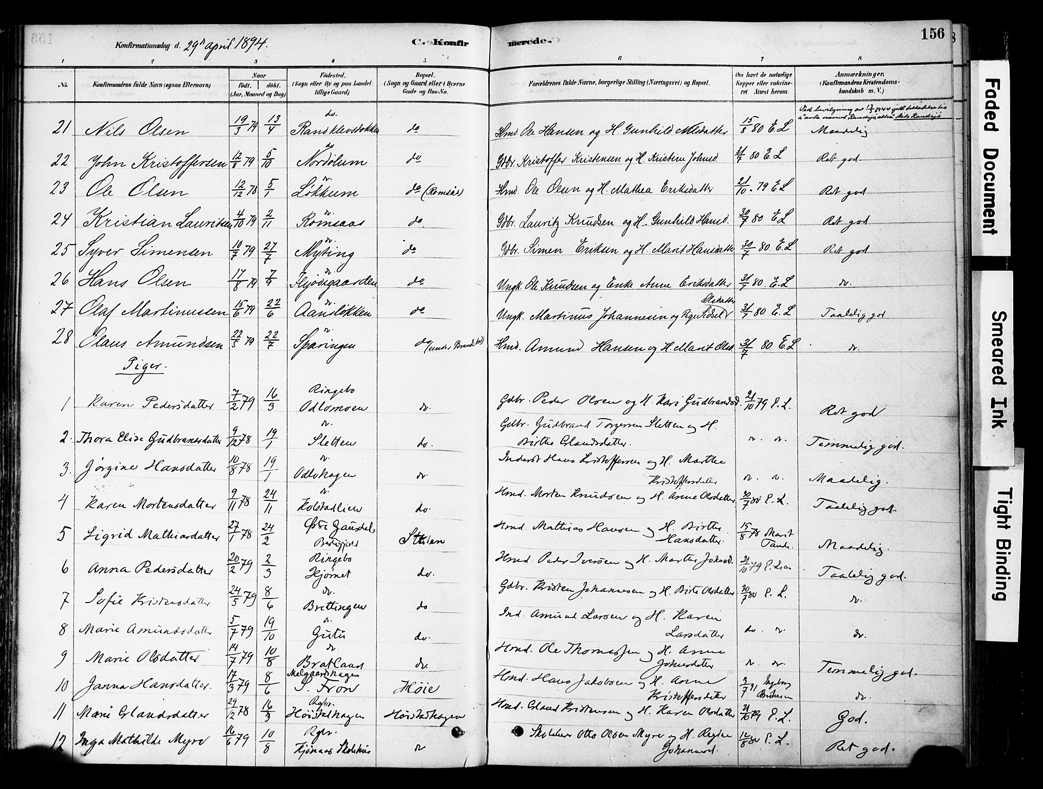 Ringebu prestekontor, AV/SAH-PREST-082/H/Ha/Haa/L0008: Parish register (official) no. 8, 1878-1898, p. 156