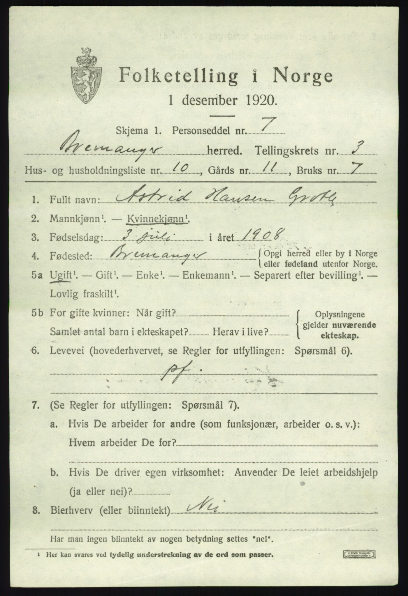 SAB, 1920 census for Bremanger, 1920, p. 2498