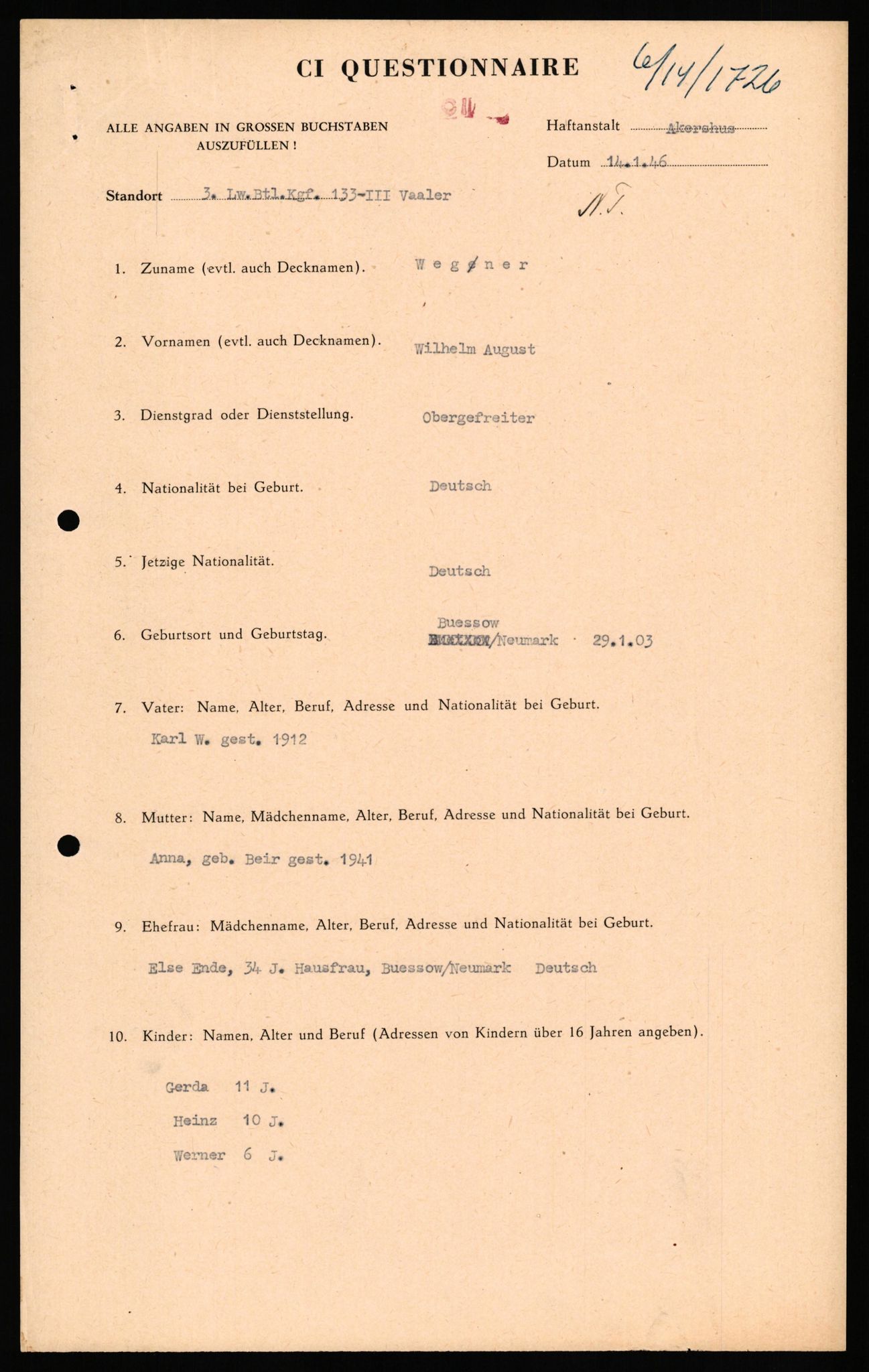 Forsvaret, Forsvarets overkommando II, AV/RA-RAFA-3915/D/Db/L0035: CI Questionaires. Tyske okkupasjonsstyrker i Norge. Tyskere., 1945-1946, p. 106