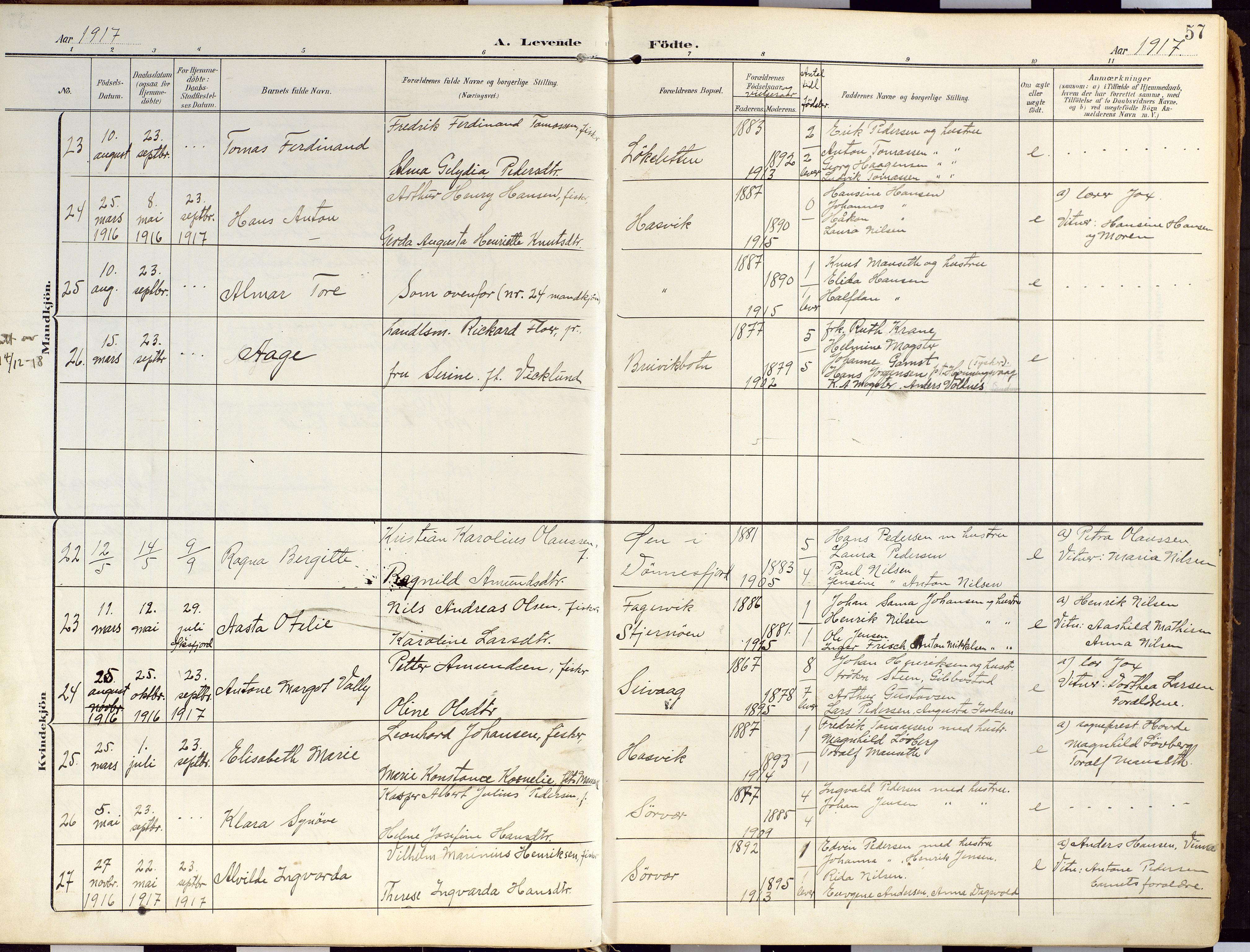 Loppa sokneprestkontor, SATØ/S-1339/H/Ha/L0010kirke: Parish register (official) no. 10, 1907-1922, p. 57