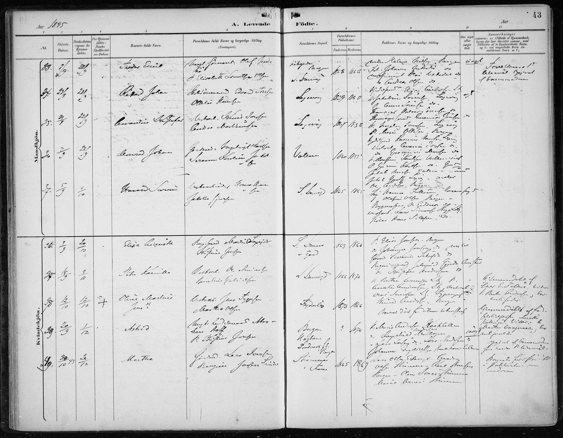 Askøy Sokneprestembete, AV/SAB-A-74101/H/Ha/Haa/Haae/L0003: Parish register (official) no. E 3, 1891-1903, p. 43