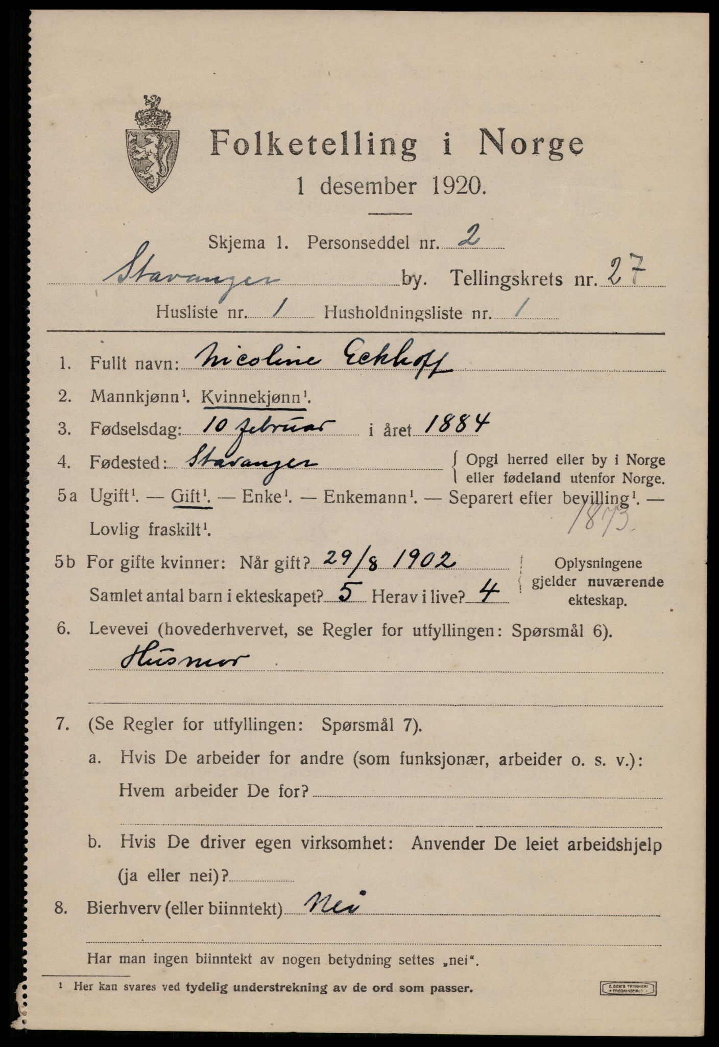 SAST, 1920 census for Stavanger, 1920, p. 79056