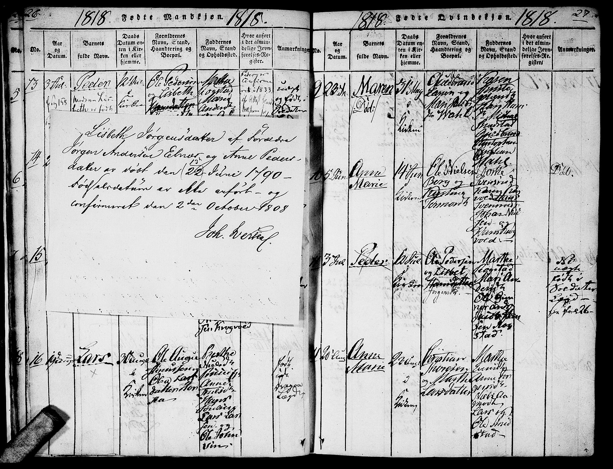 Gjerdrum prestekontor Kirkebøker, SAO/A-10412b/G/Ga/L0001: Parish register (copy) no. I 1, 1816-1837, p. 26-27