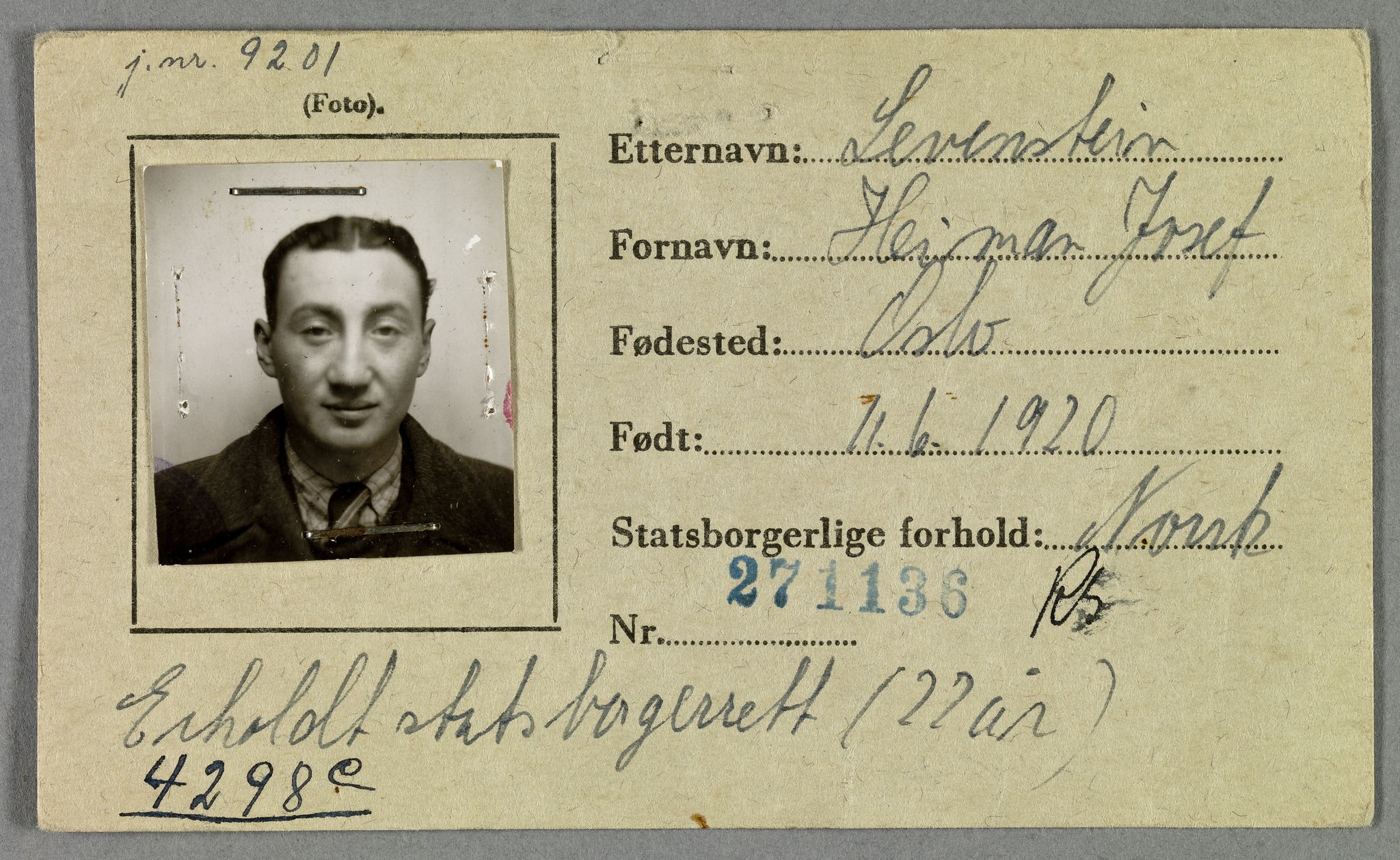 Sosialdepartementet, Våre Falne, AV/RA-S-1708/E/Ee/L0021A: Fotografier av jøder på legitimasjonskort (1941-42), 1941-1942, p. 237