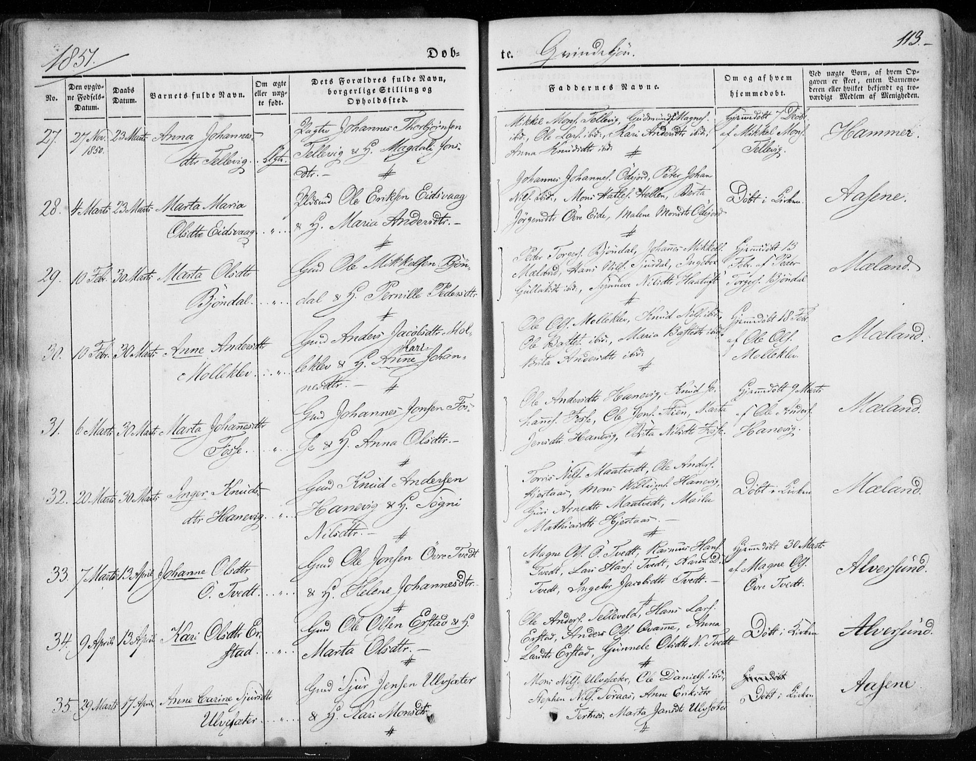 Hamre sokneprestembete, AV/SAB-A-75501/H/Ha/Haa/Haaa/L0013: Parish register (official) no. A 13, 1846-1857, p. 113