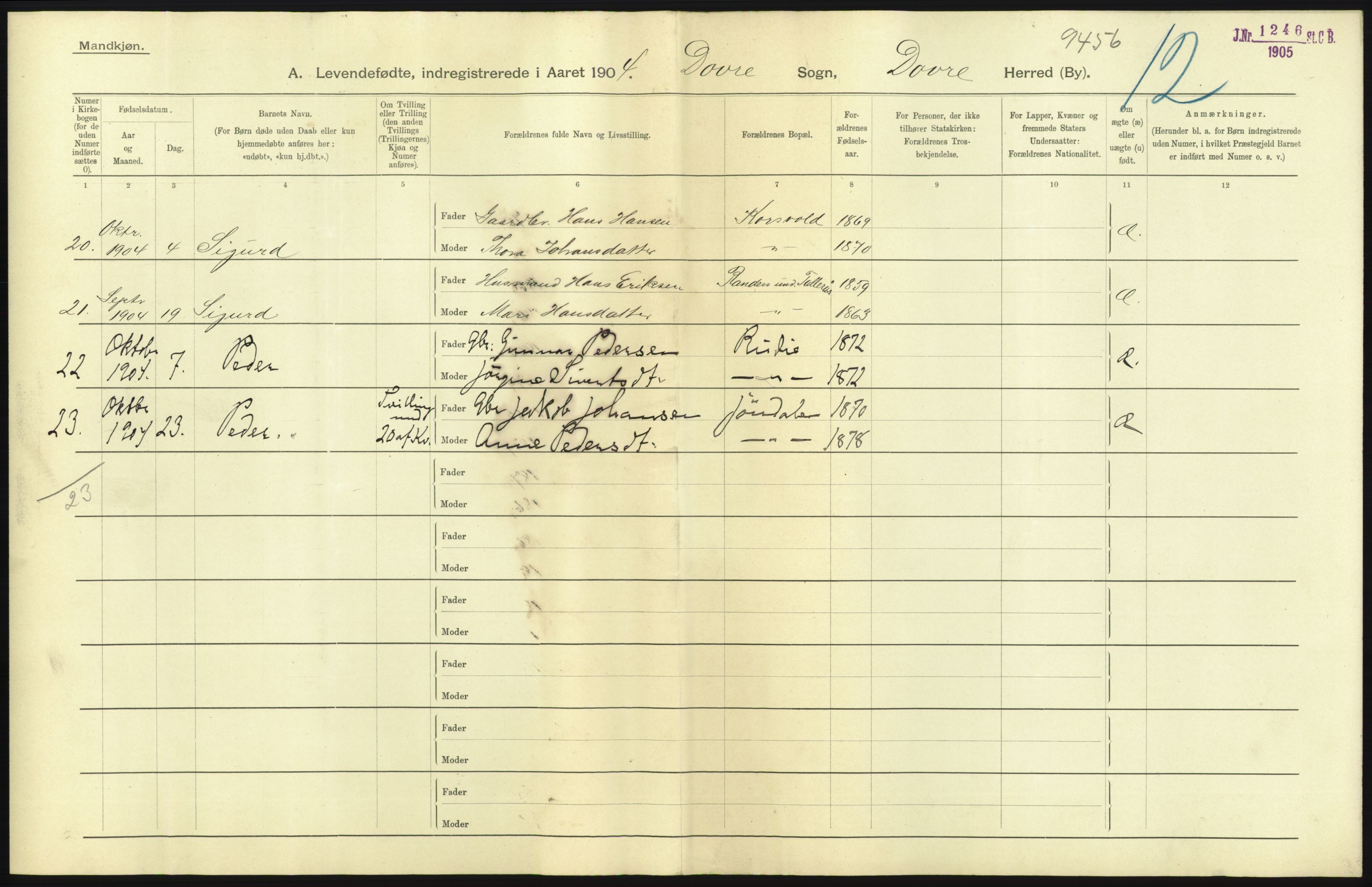 Statistisk sentralbyrå, Sosiodemografiske emner, Befolkning, AV/RA-S-2228/D/Df/Dfa/Dfab/L0006: Kristians amt: Fødte, gifte, døde, 1904, p. 7