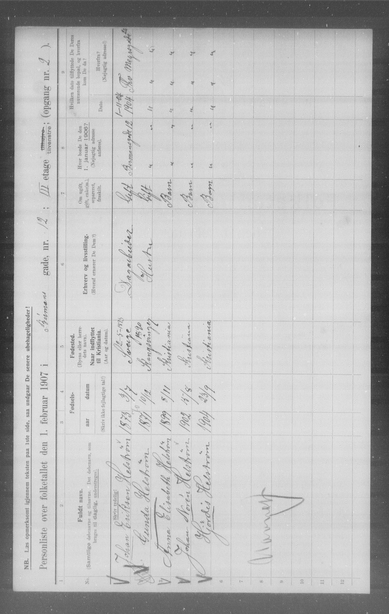 OBA, Municipal Census 1907 for Kristiania, 1907, p. 2655