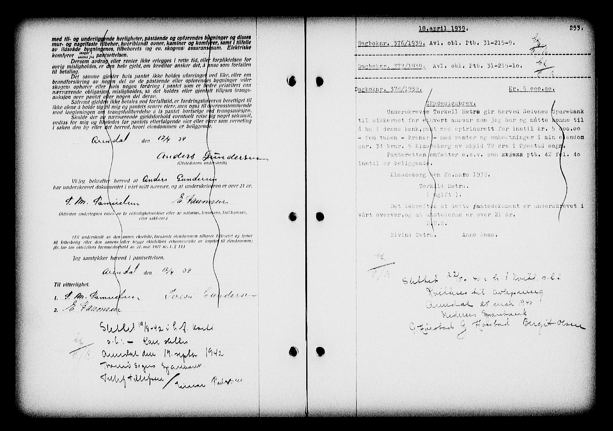 Nedenes sorenskriveri, AV/SAK-1221-0006/G/Gb/Gba/L0046: Mortgage book no. 42, 1938-1939, Diary no: : 376/1939