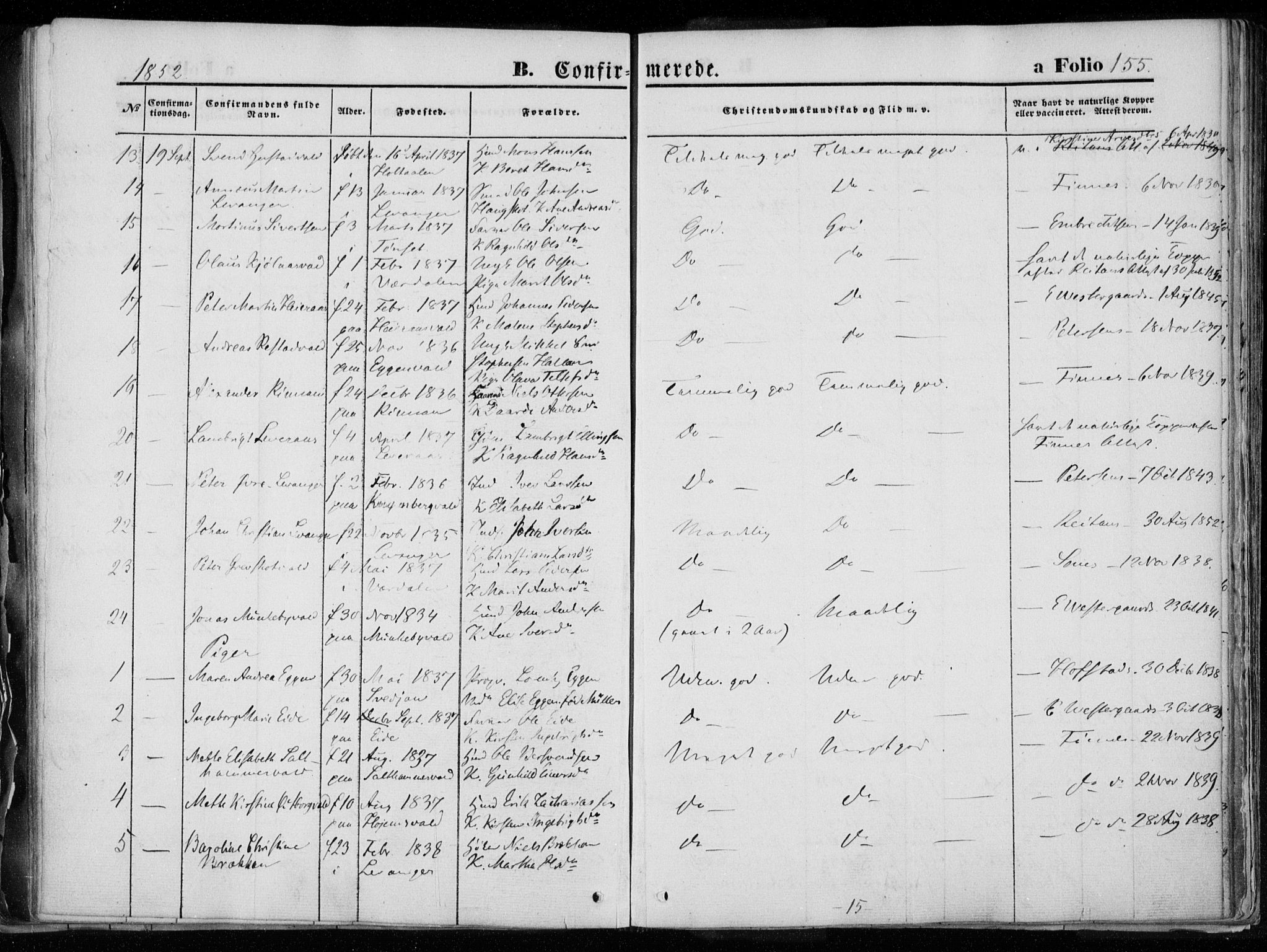 Ministerialprotokoller, klokkerbøker og fødselsregistre - Nord-Trøndelag, SAT/A-1458/720/L0183: Parish register (official) no. 720A01, 1836-1855, p. 155
