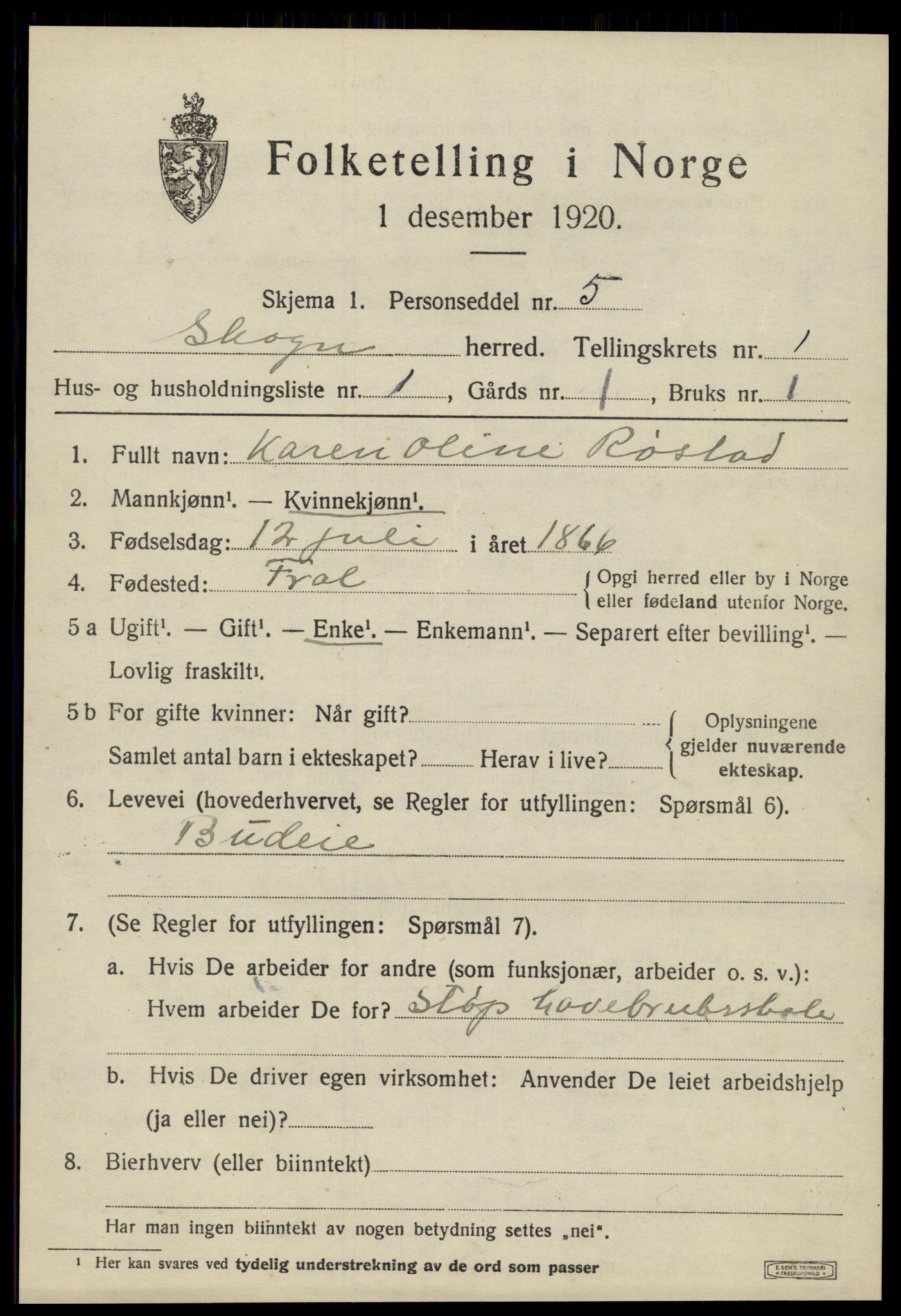 SAT, 1920 census for Skogn, 1920, p. 1291