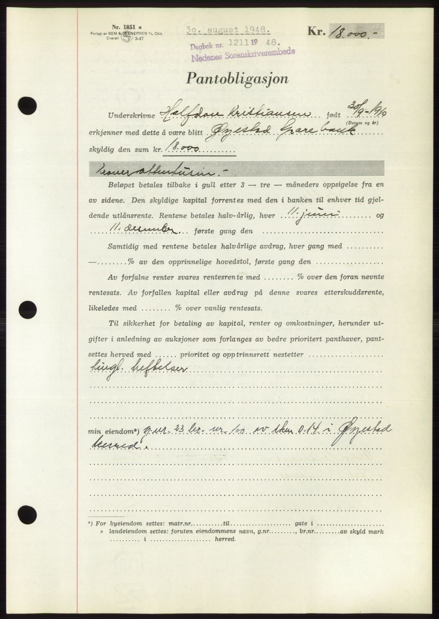 Nedenes sorenskriveri, AV/SAK-1221-0006/G/Gb/Gbb/L0005: Mortgage book no. B5, 1948-1948, Diary no: : 1211/1948