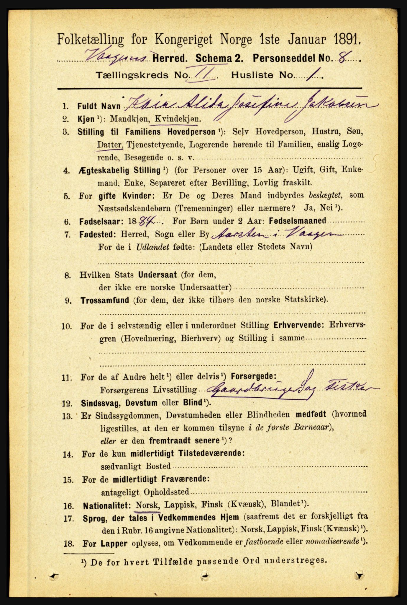 RA, 1891 census for 1865 Vågan, 1891, p. 423