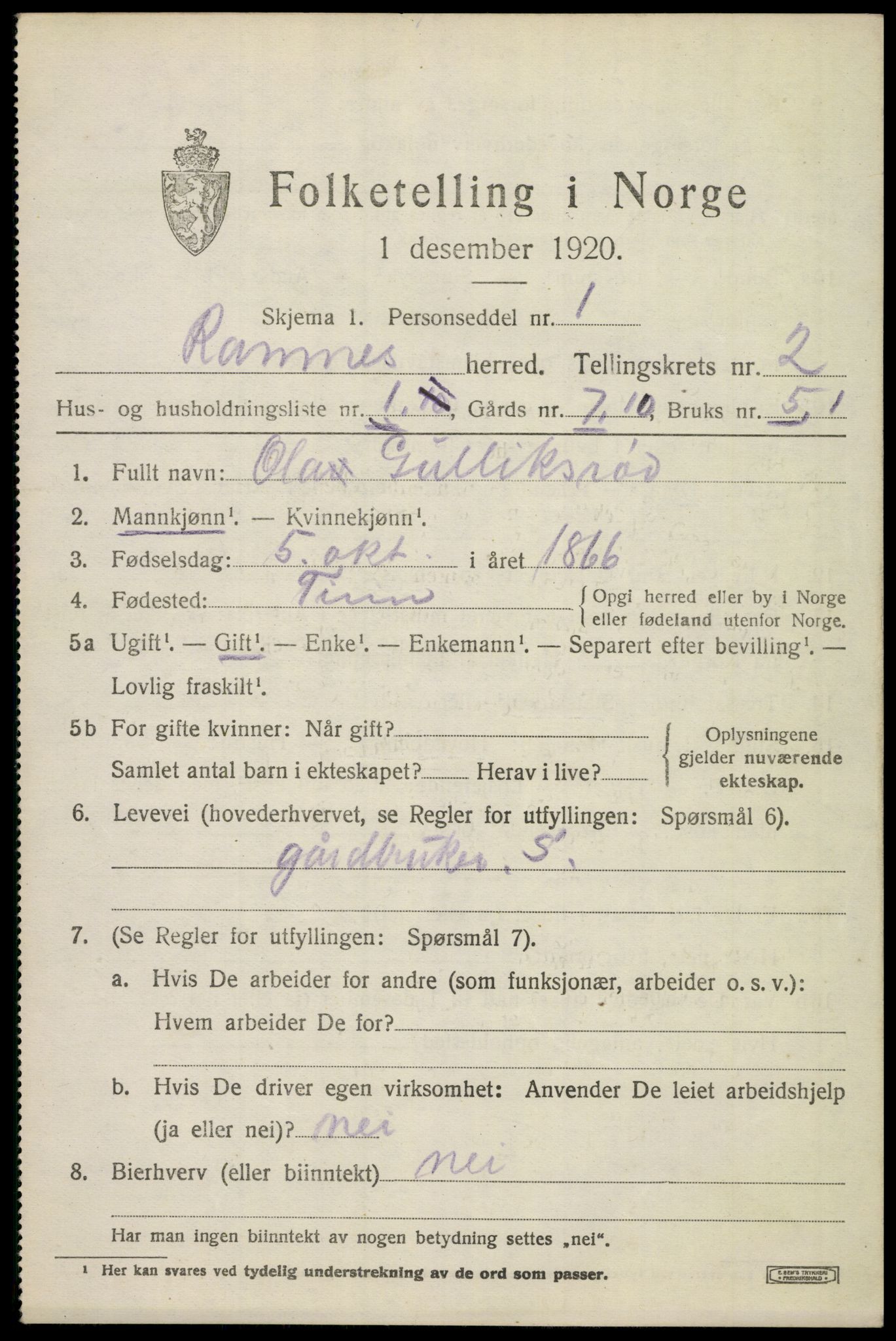 SAKO, 1920 census for Ramnes, 1920, p. 1990