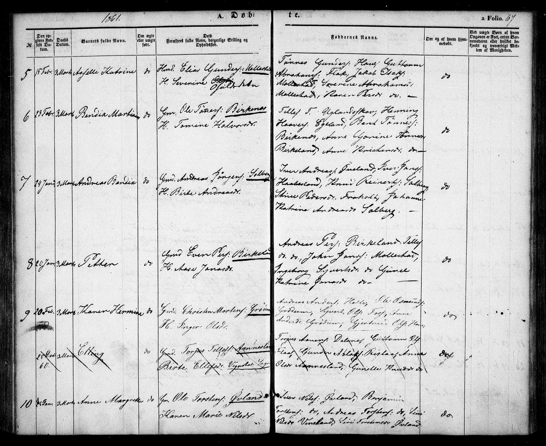 Birkenes sokneprestkontor, AV/SAK-1111-0004/F/Fa/L0003: Parish register (official) no. A 3, 1850-1866, p. 67