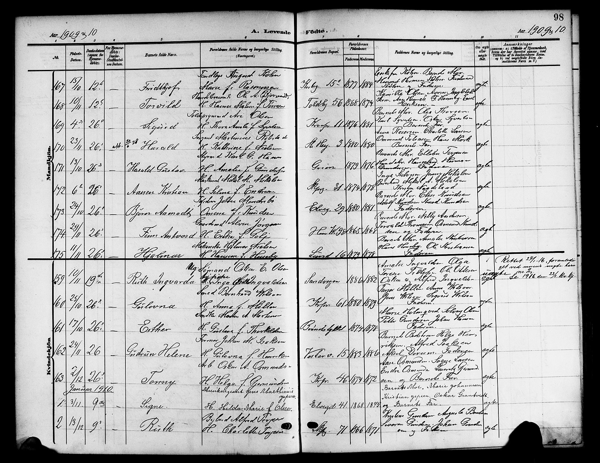 Kristiansand domprosti, SAK/1112-0006/F/Fb/L0019: Parish register (copy) no. B 19, 1905-1914, p. 98