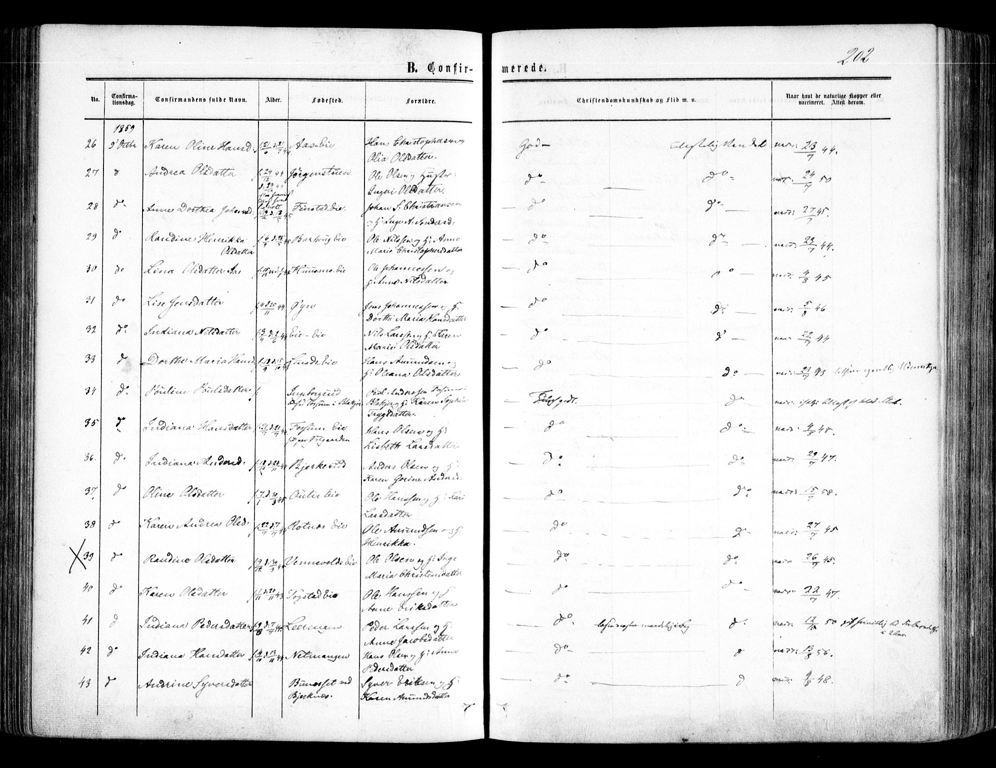 Nes prestekontor Kirkebøker, AV/SAO-A-10410/F/Fa/L0008: Parish register (official) no. I 8, 1859-1874, p. 202