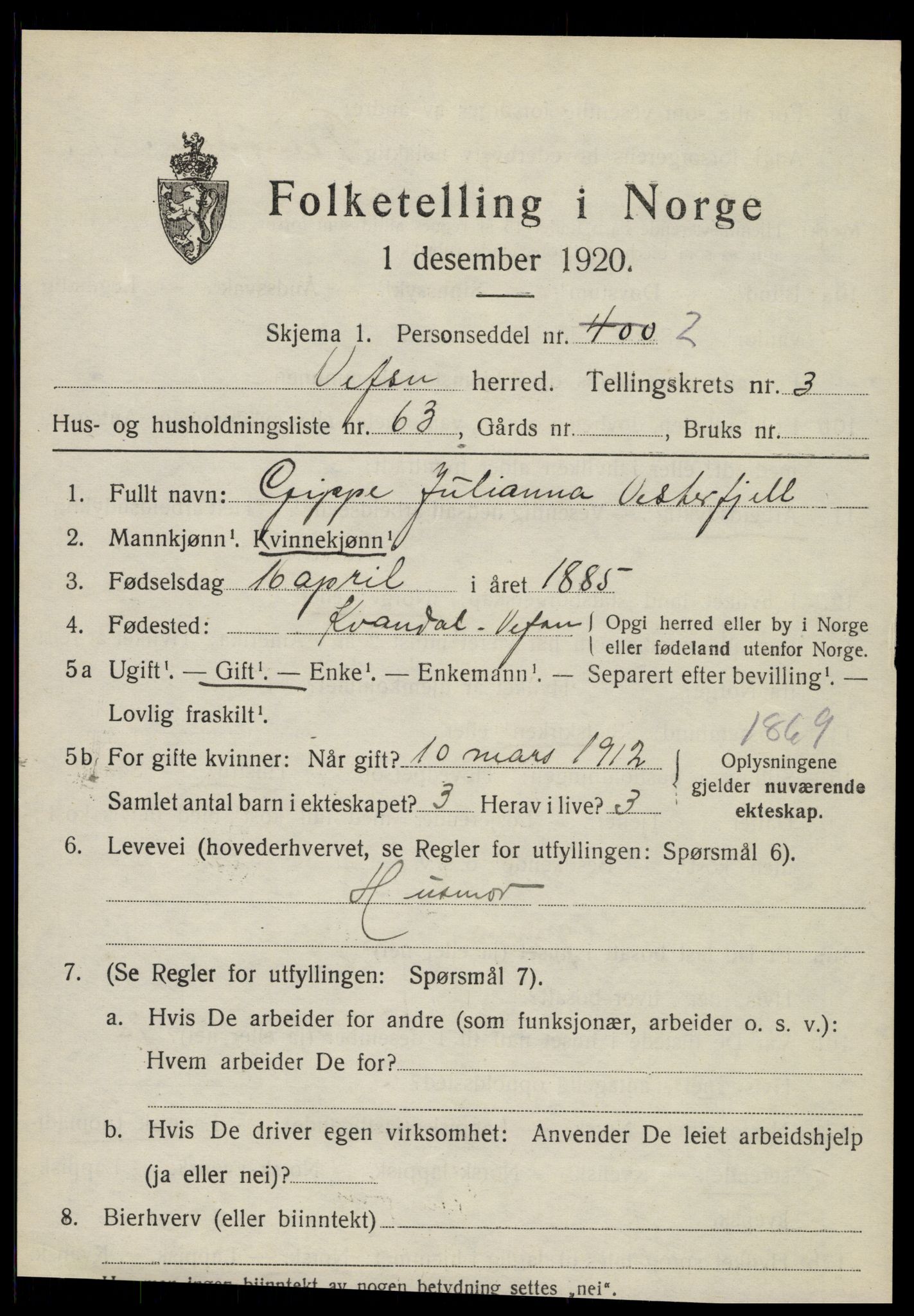 SAT, 1920 census for Vefsn, 1920, p. 2825