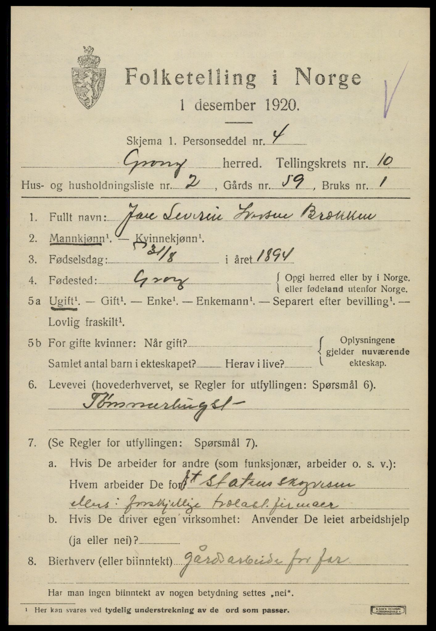 SAT, 1920 census for Grong, 1920, p. 5603