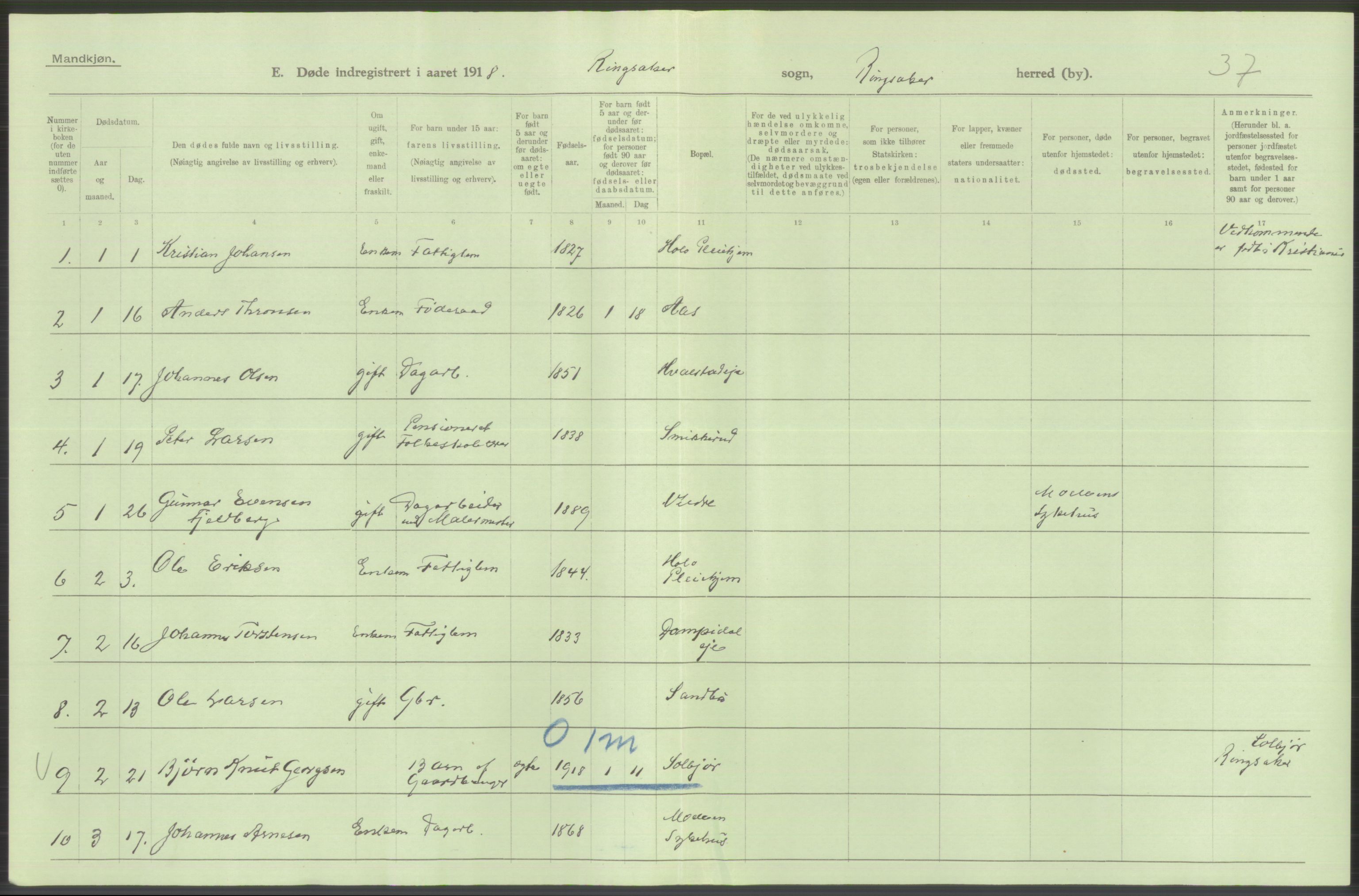 Statistisk sentralbyrå, Sosiodemografiske emner, Befolkning, AV/RA-S-2228/D/Df/Dfb/Dfbh/L0014: Hedemarkens fylke: Døde. Bygder og byer., 1918, p. 346