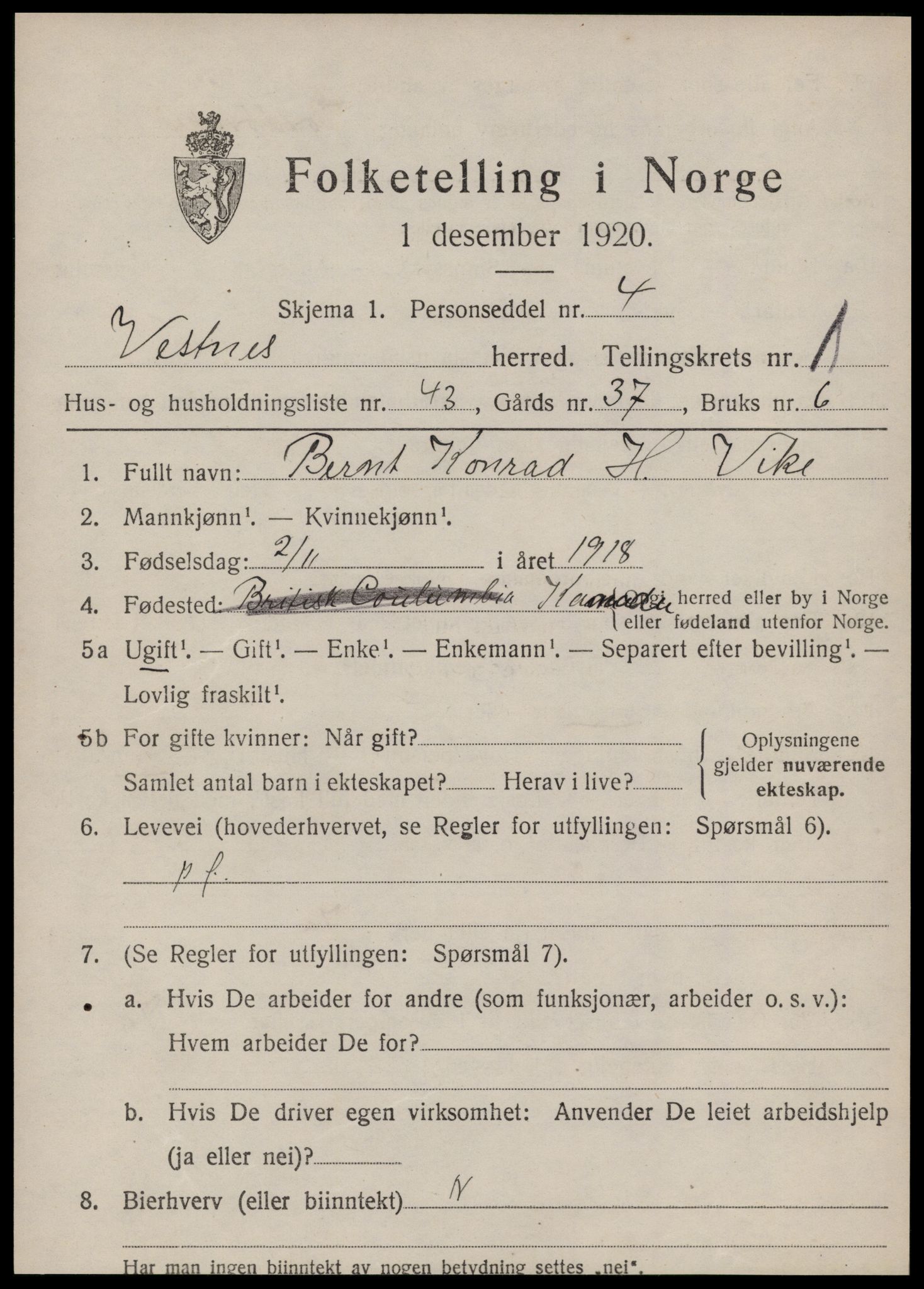 SAT, 1920 census for Vestnes, 1920, p. 1739