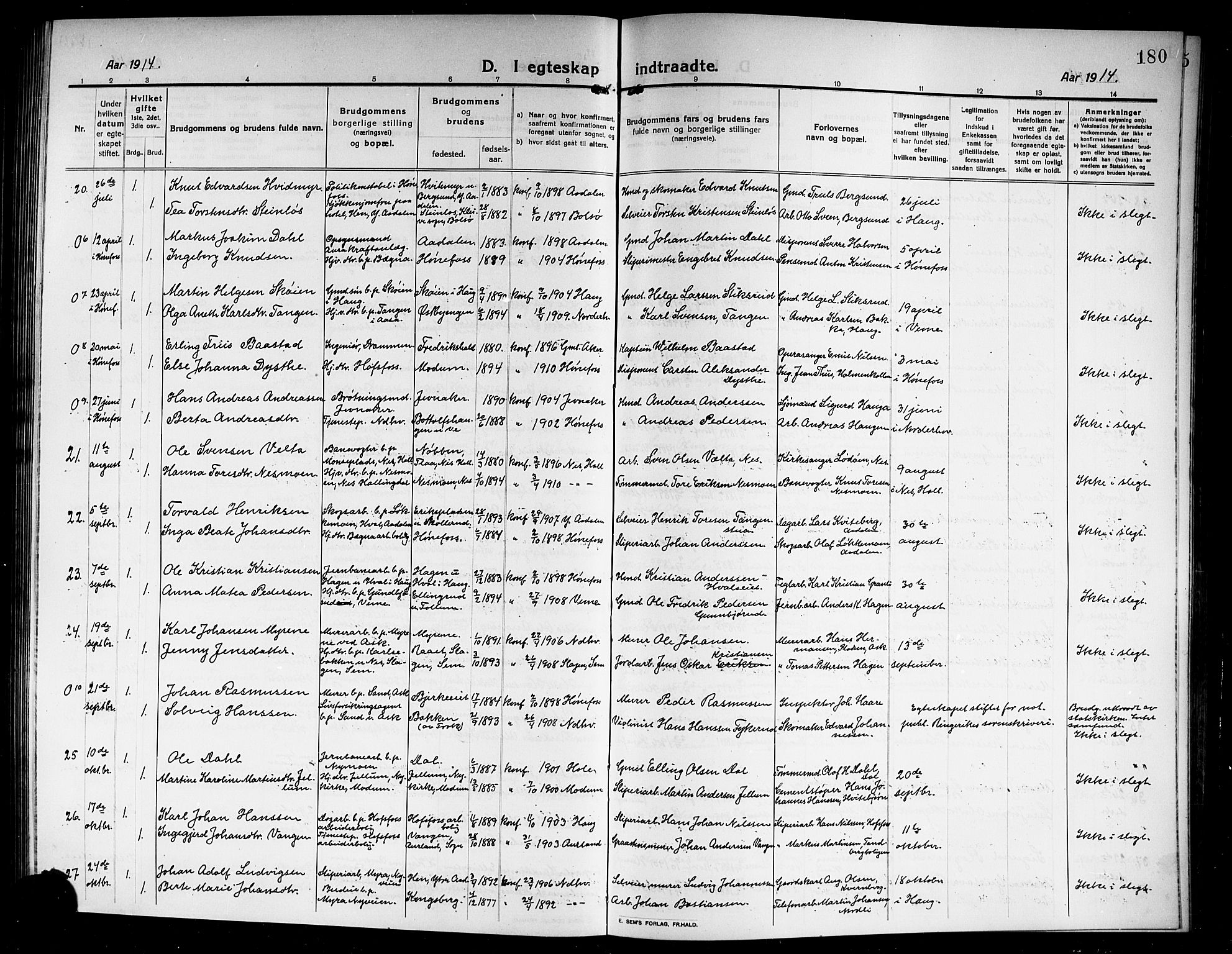 Norderhov kirkebøker, SAKO/A-237/G/Ga/L0009: Parish register (copy) no. I 9, 1913-1920, p. 180
