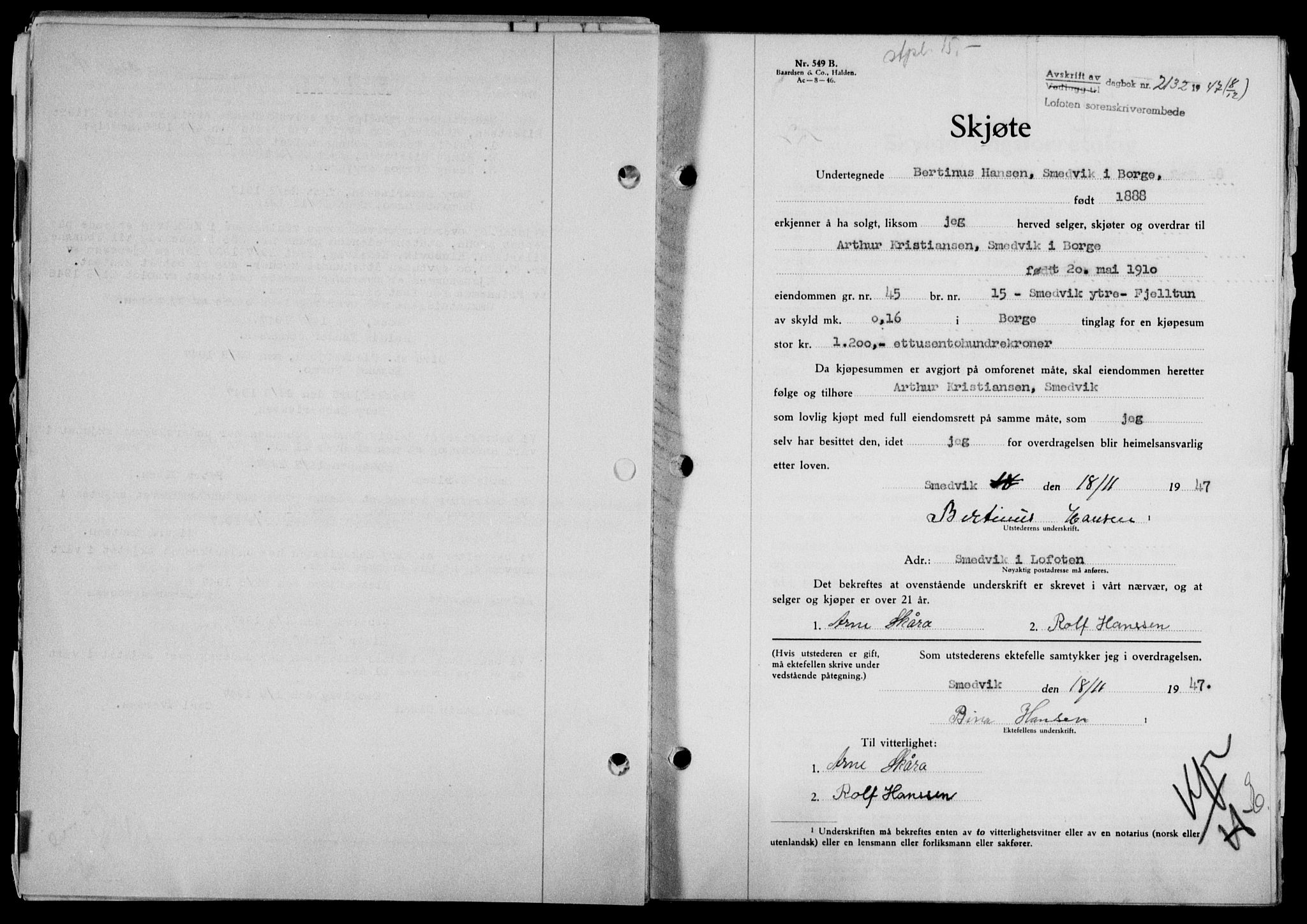 Lofoten sorenskriveri, SAT/A-0017/1/2/2C/L0017a: Mortgage book no. 17a, 1947-1948, Diary no: : 2132/1947