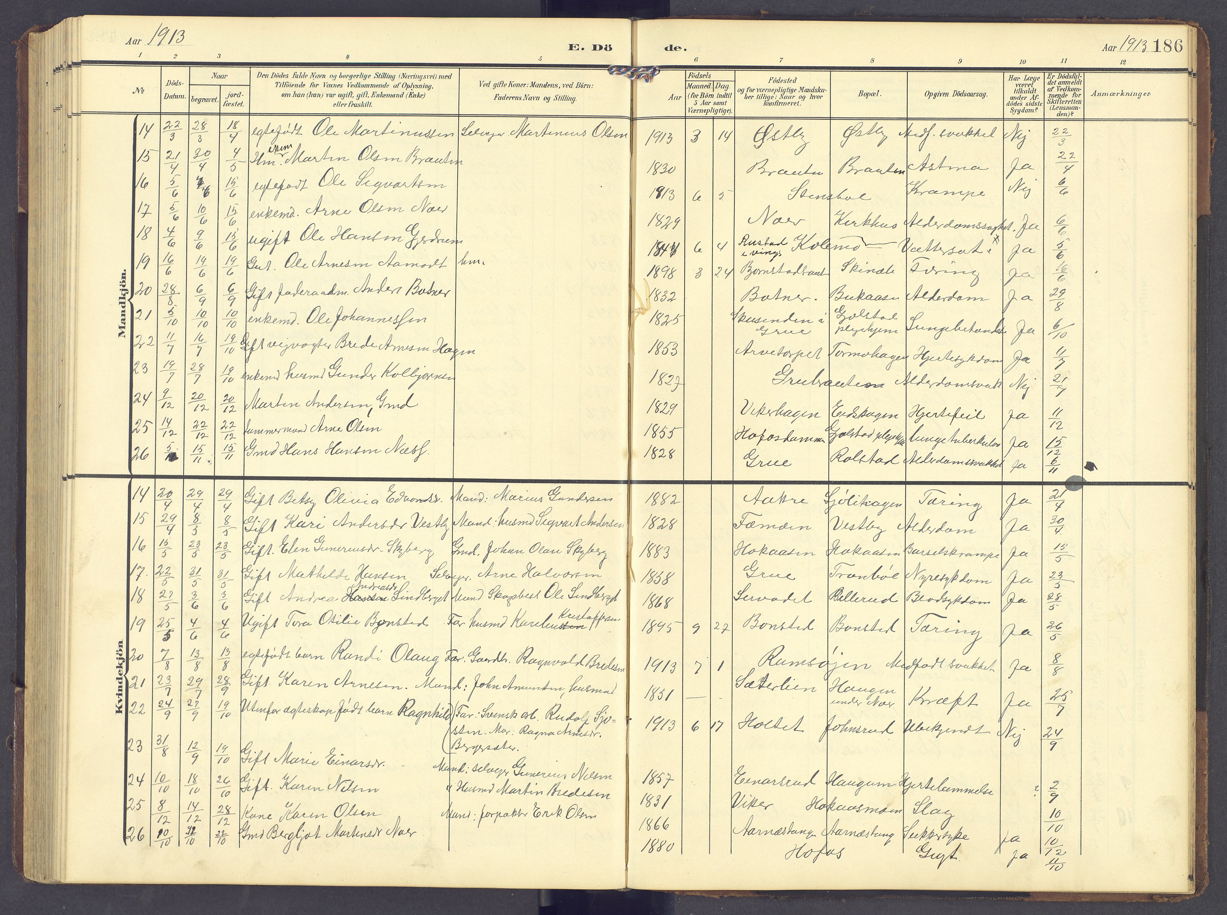Brandval prestekontor, AV/SAH-PREST-034/H/Ha/Hab/L0003: Parish register (copy) no. 3, 1904-1917, p. 186