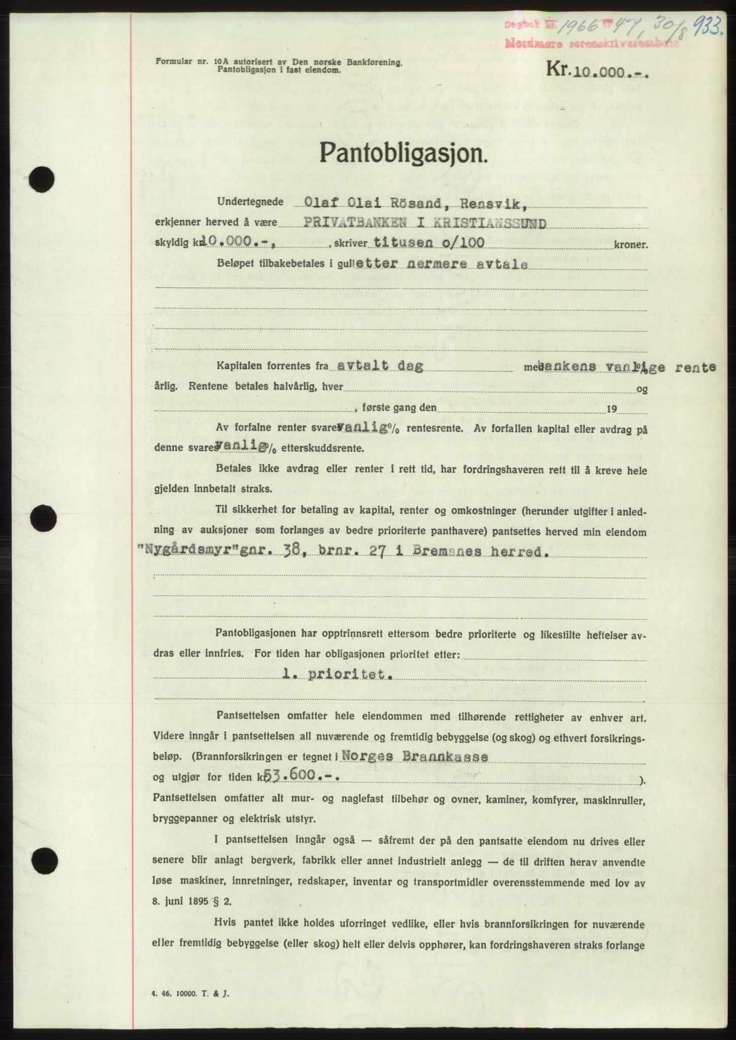 Nordmøre sorenskriveri, AV/SAT-A-4132/1/2/2Ca: Mortgage book no. B96, 1947-1947, Diary no: : 1966/1947