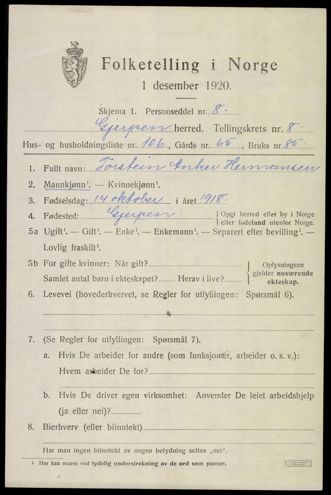 SAKO, 1920 census for Gjerpen, 1920, p. 10766